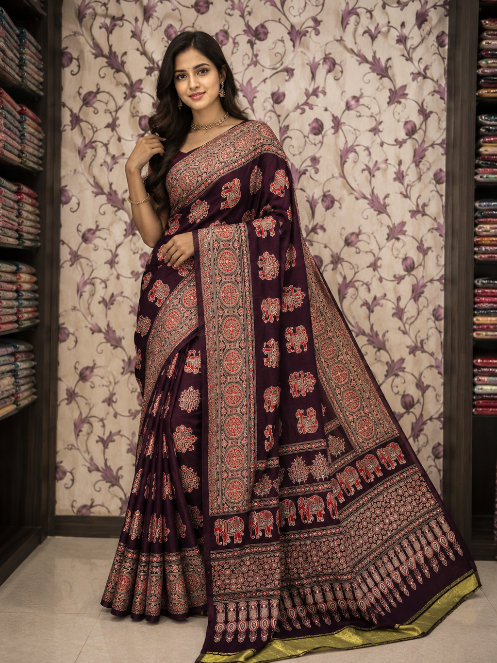 Maharani Luxuriant Hand Block Real Mirror Modal Silk Saree with Mirror Work Detailing