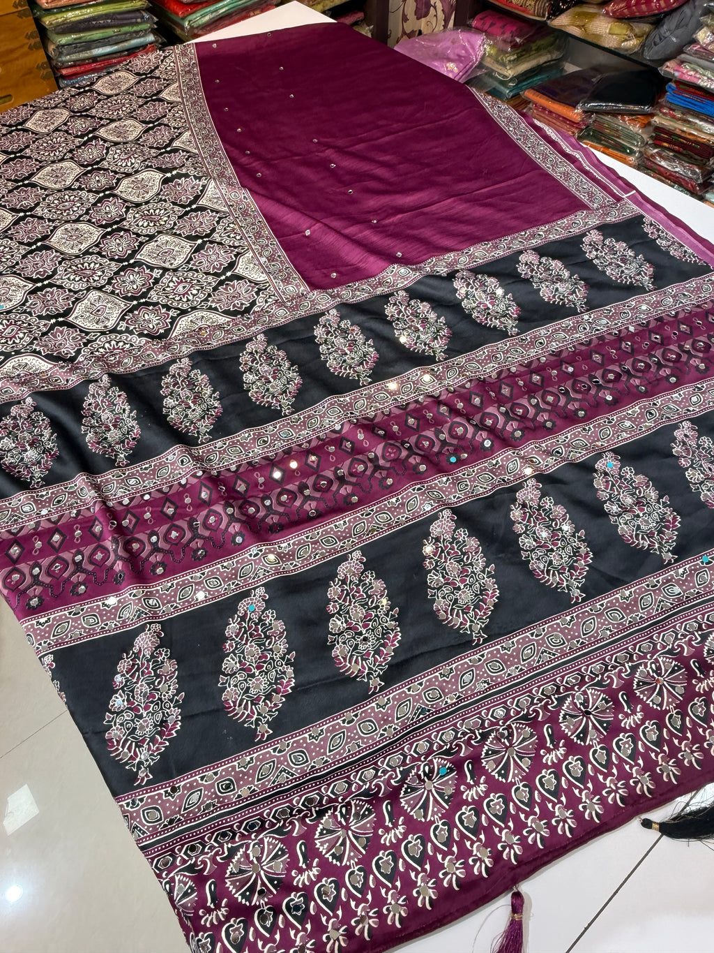 Ajrakh Printed Silk Saree with Mirror Work Detailing