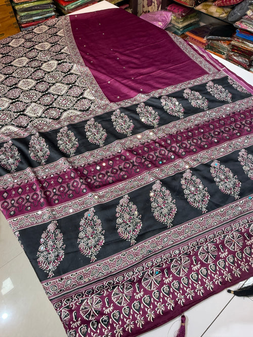 Ajrakh Printed Silk Saree with Mirror Work Detailing