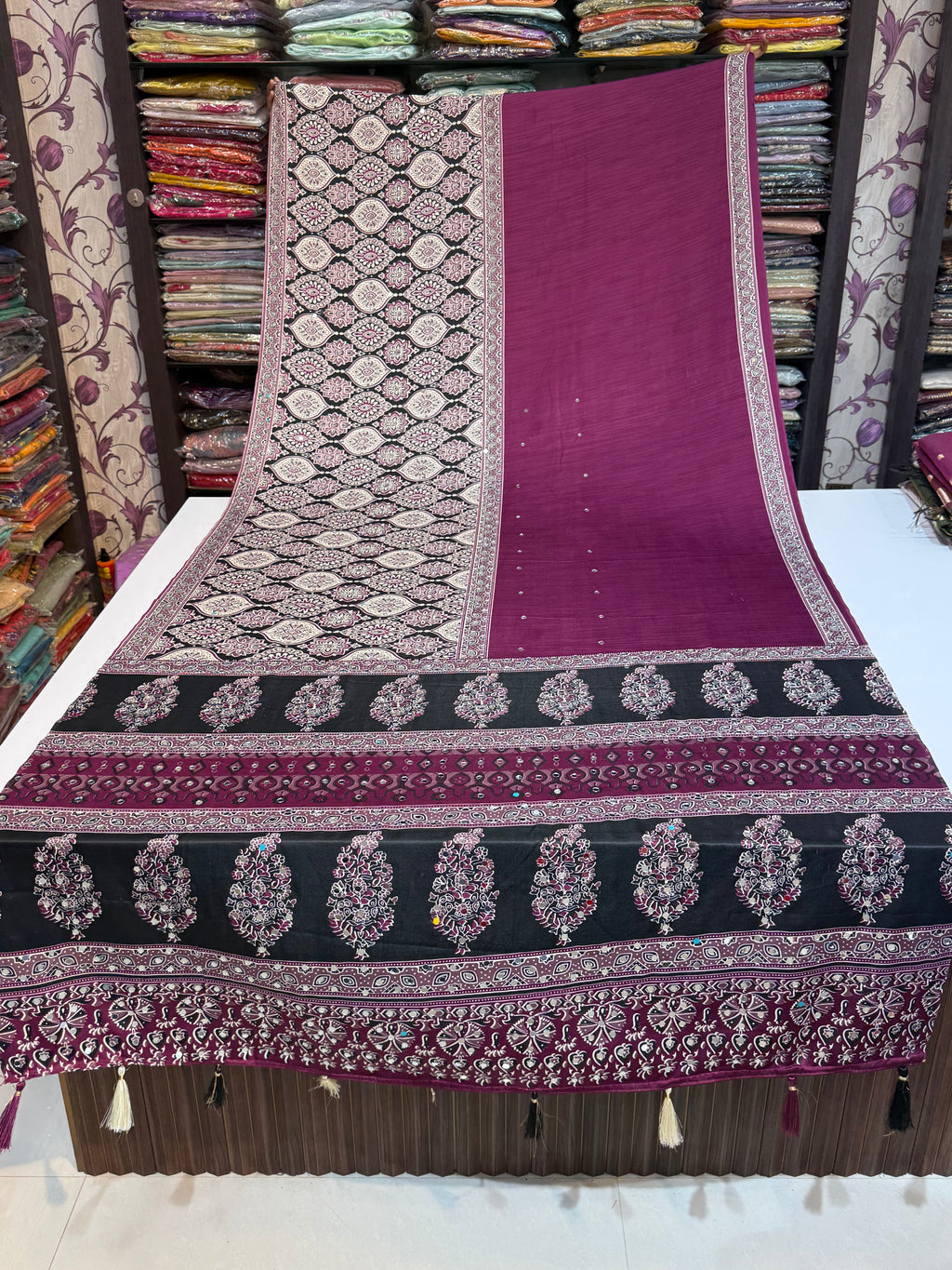 Ajrakh Printed Silk Saree with Mirror Work Detailing