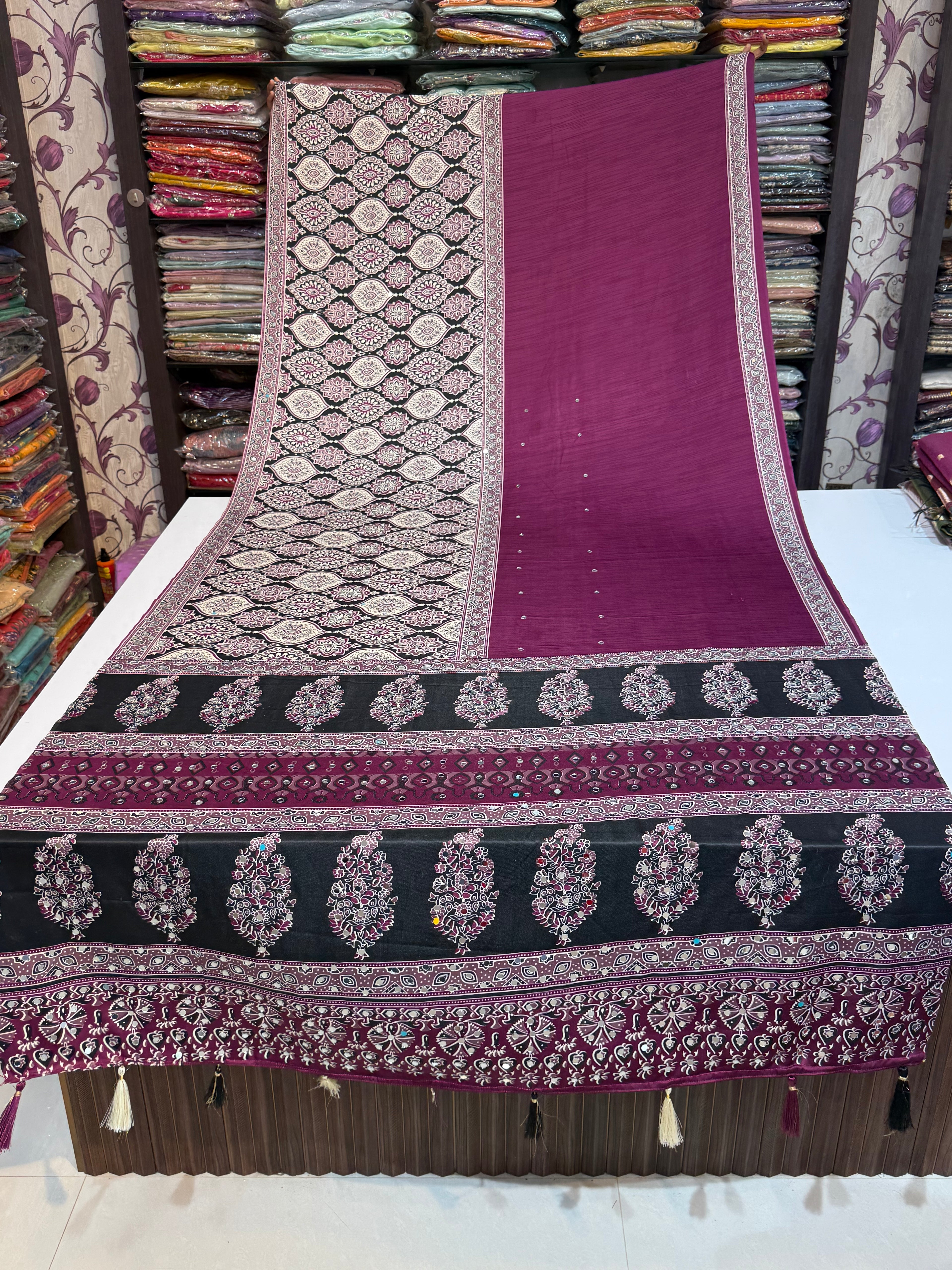 Ajrakh Printed Silk Saree with Mirror Work Detailing