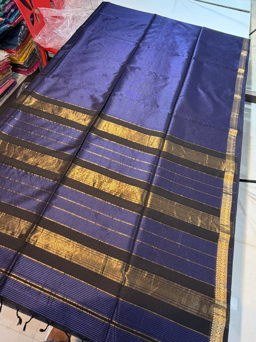 Blue Handloom Garbhreshmi Maheshwari Saree – Pure Malbari Silk | Traditional Handwoven Elegance