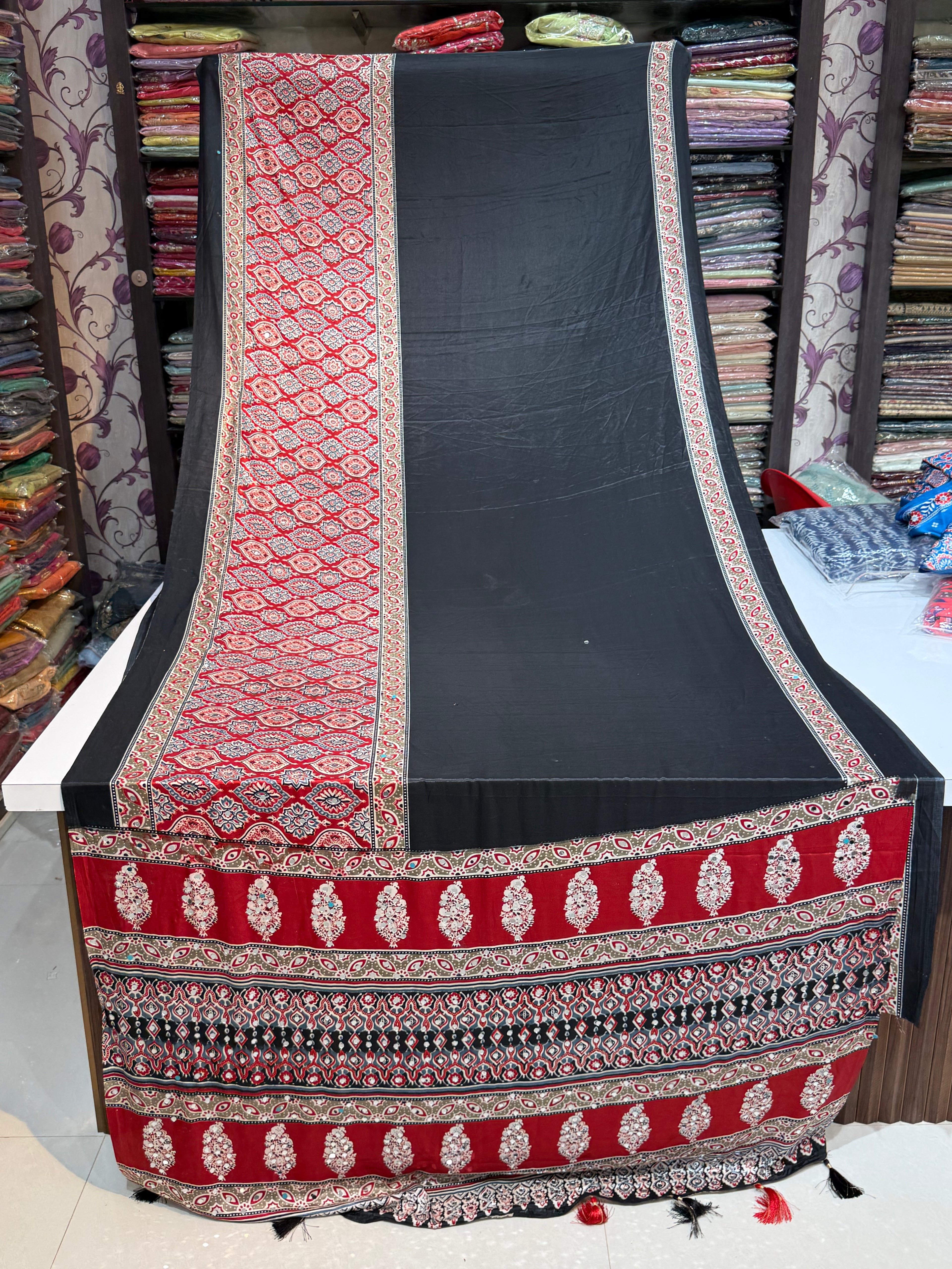 AJRAKH PRINT MIRROR WORK SAREE BLACK