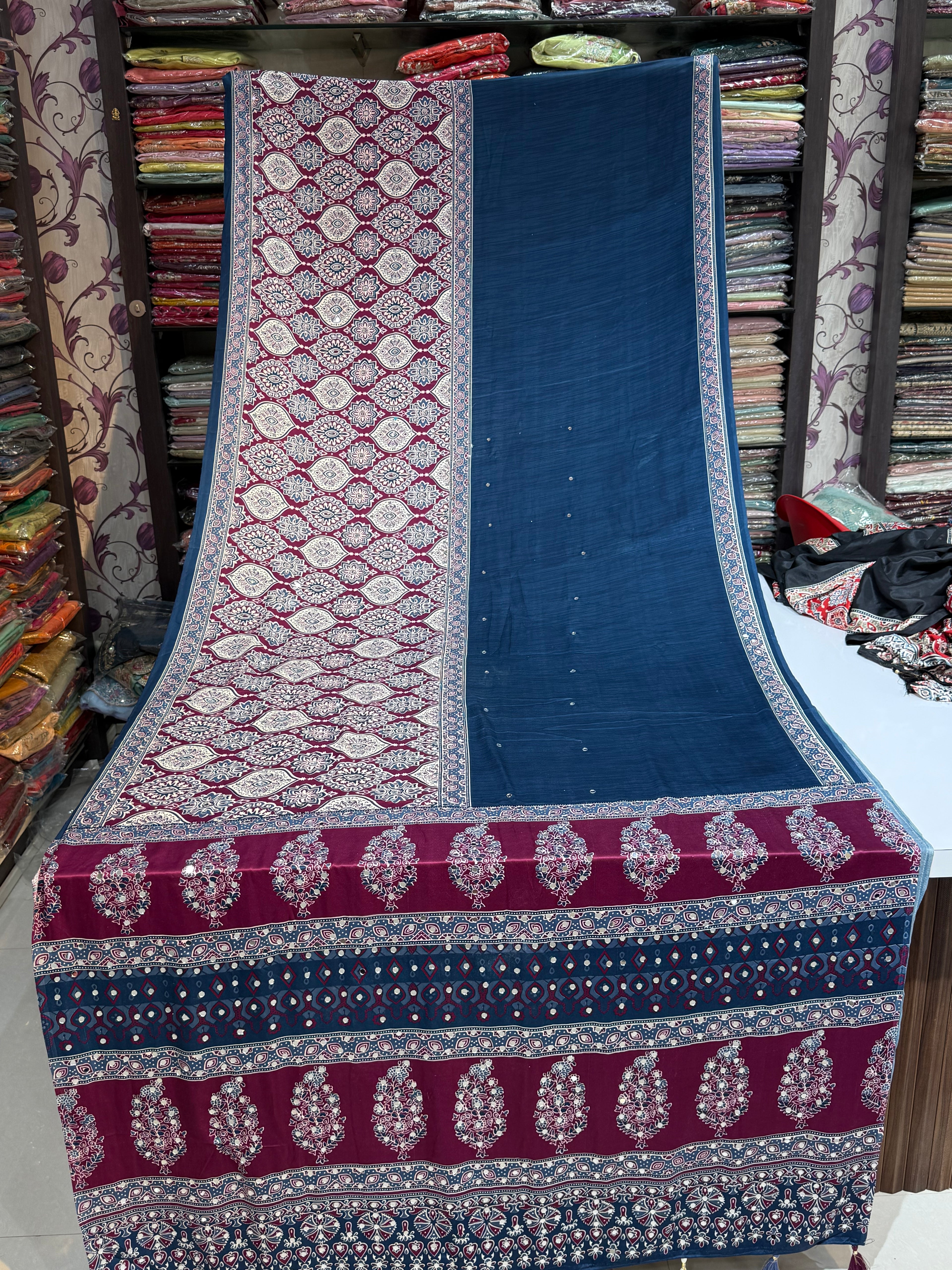 Ajrakh Printed Silk Saree with Mirror Work BLUE COLOUR