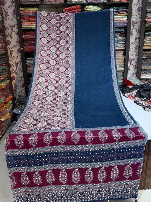 Ajrakh Printed Silk Saree with Mirror Work BLUE COLOUR