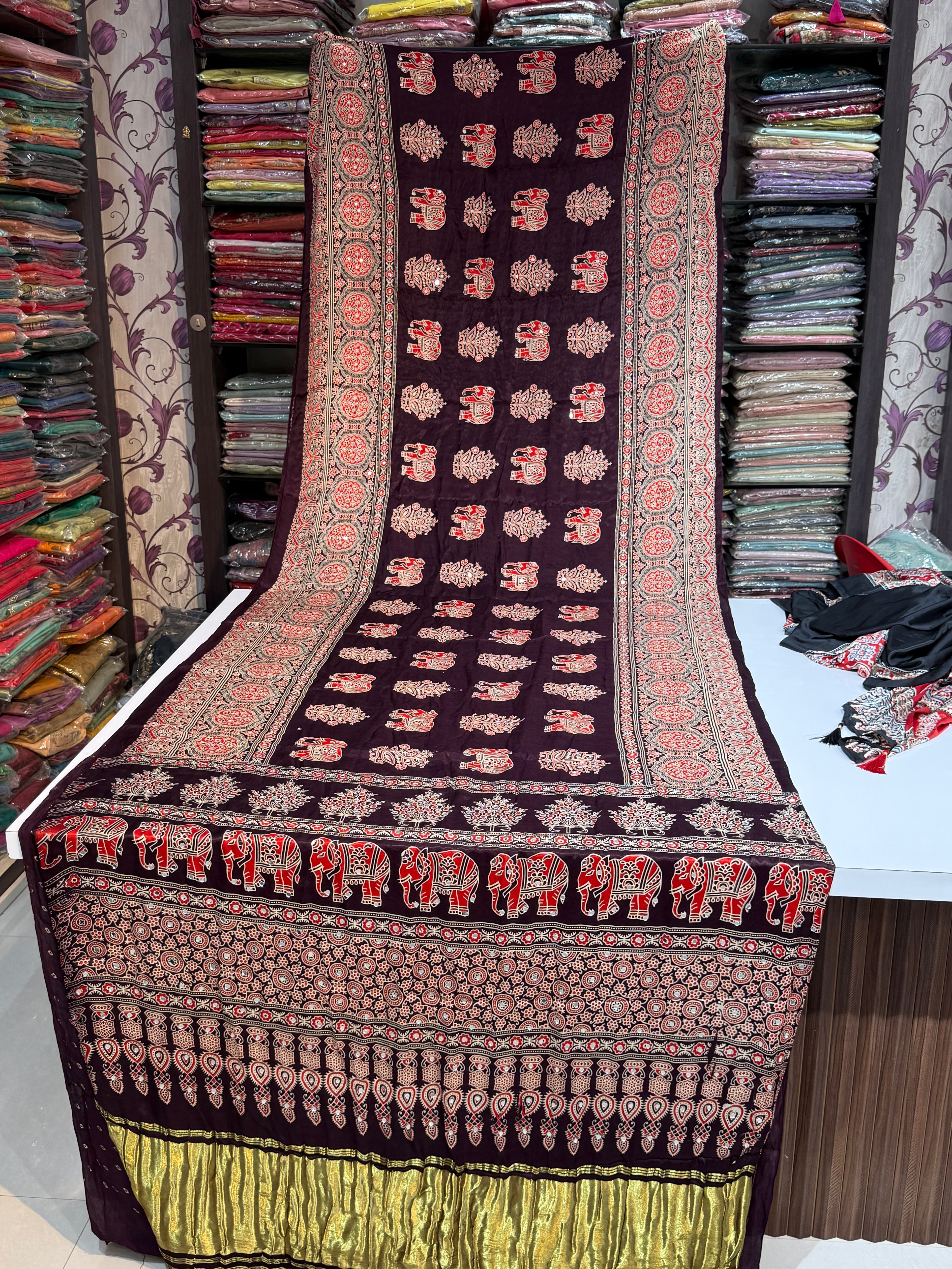 Maharani Luxuriant Hand Block Real Mirror Modal Silk Saree with Mirror Work Detailing