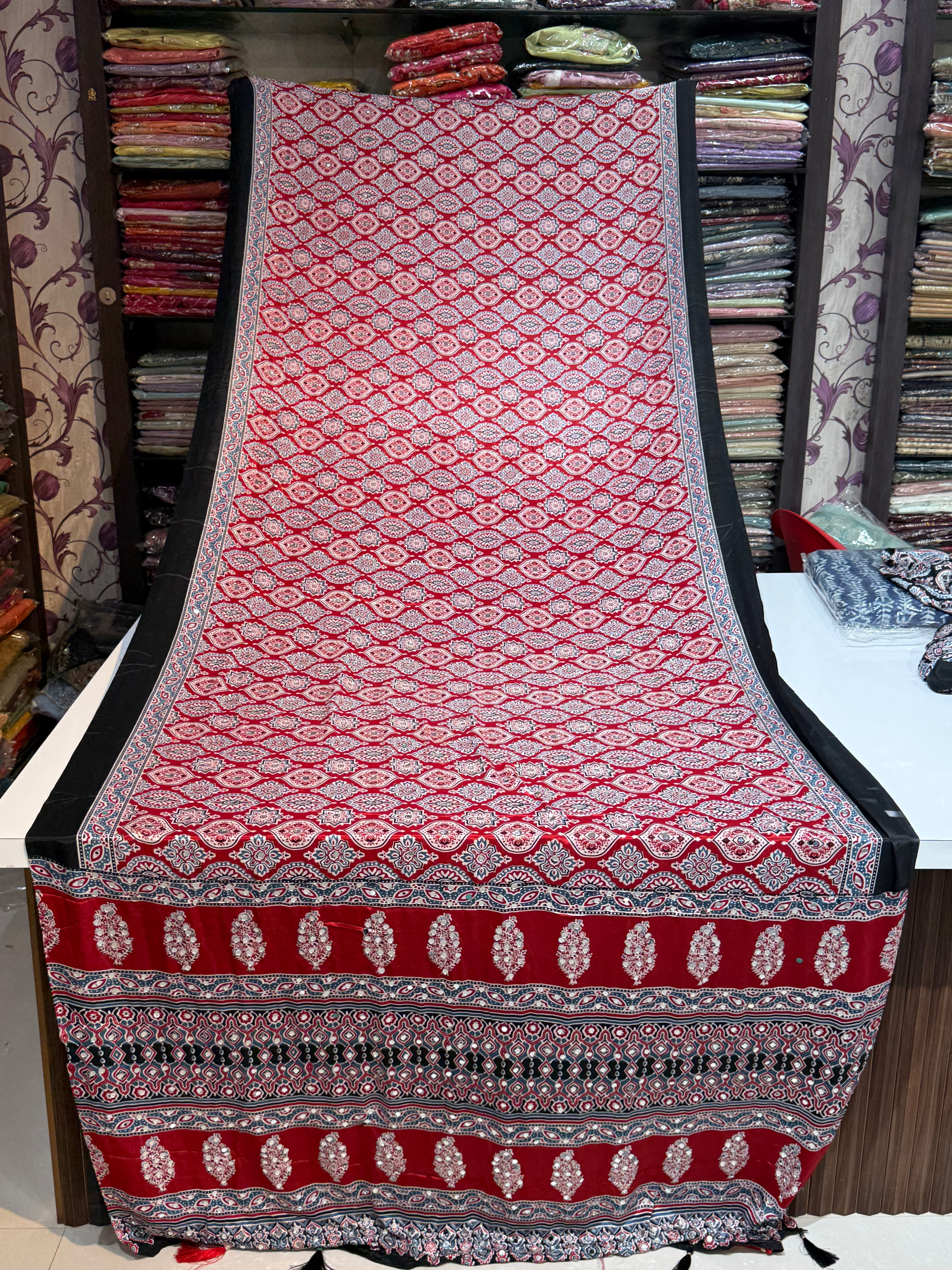 Ajrakh Printed Silk Saree with Mirror Work Detailing RED