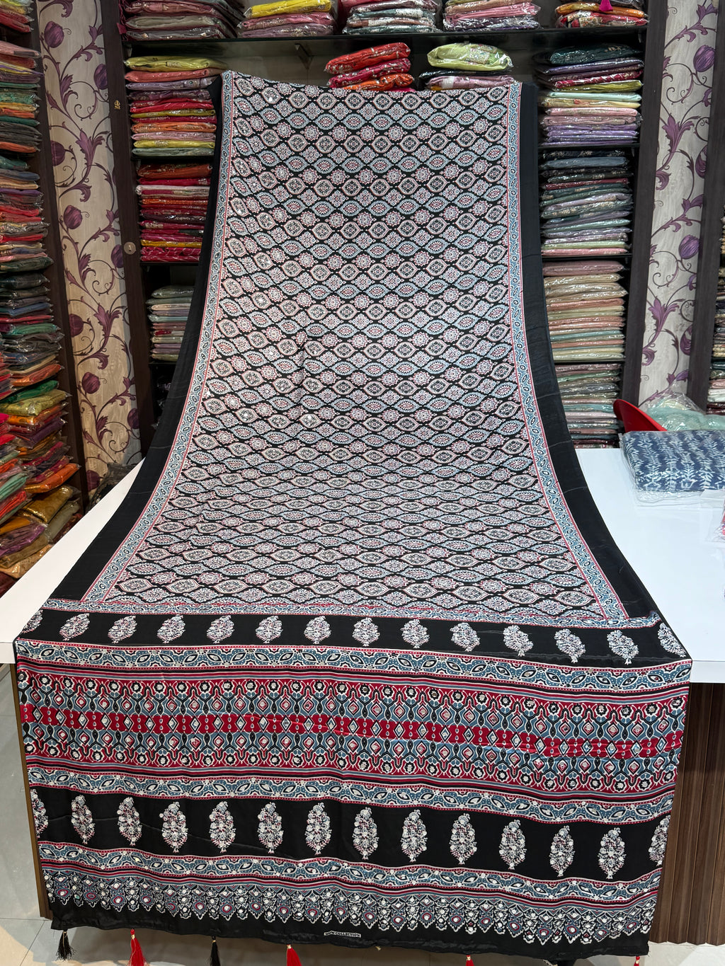 Ajrakh Printed Silk Saree with Mirror Work Detailing