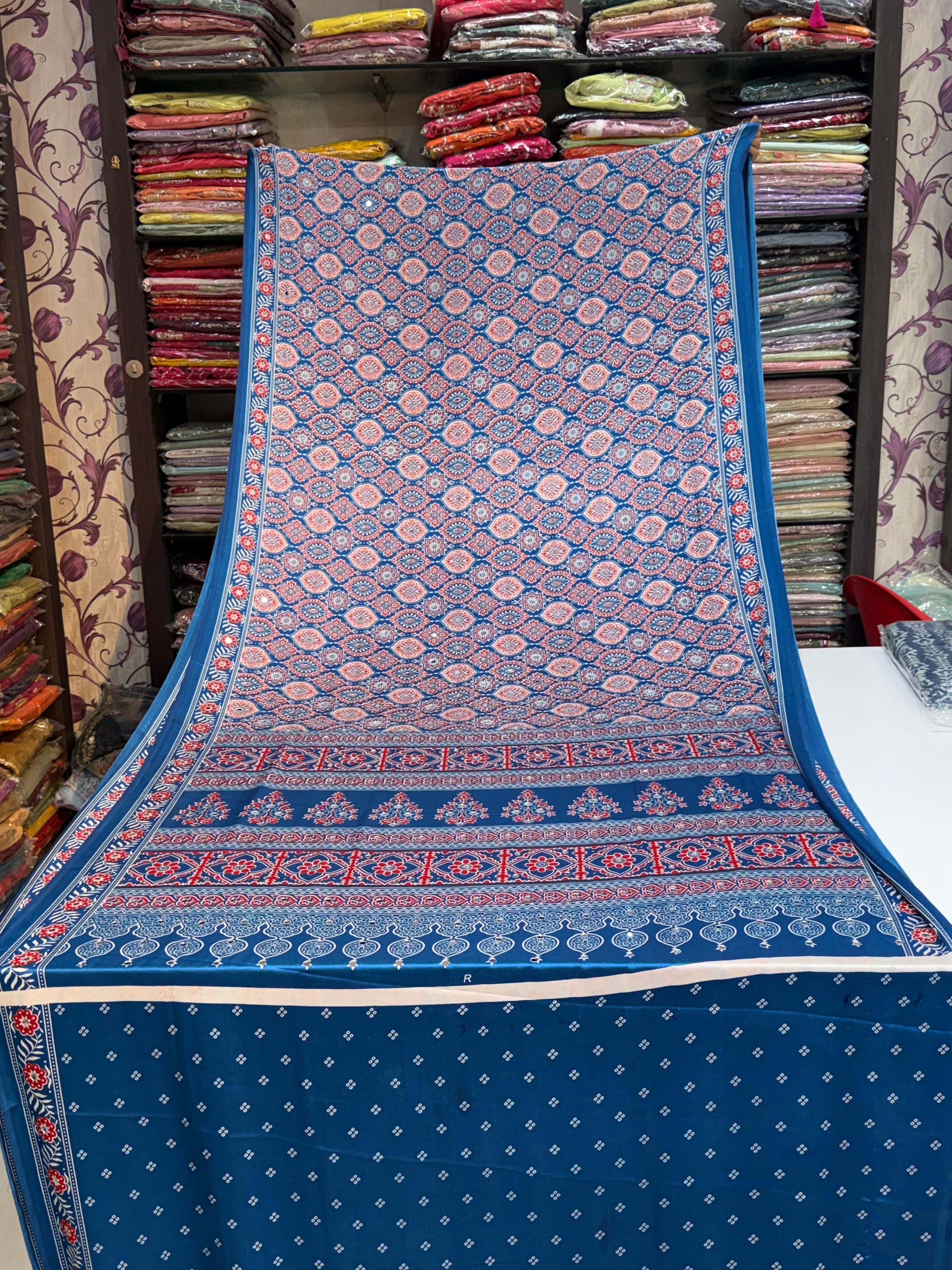 Ajrakh Printed Silk Saree with Mirror Work Detailing