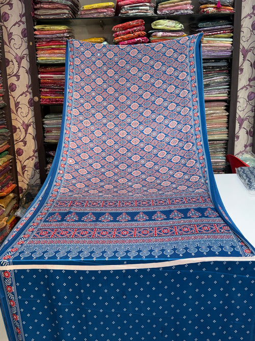Ajrakh Printed Silk Saree with Mirror Work Detailing
