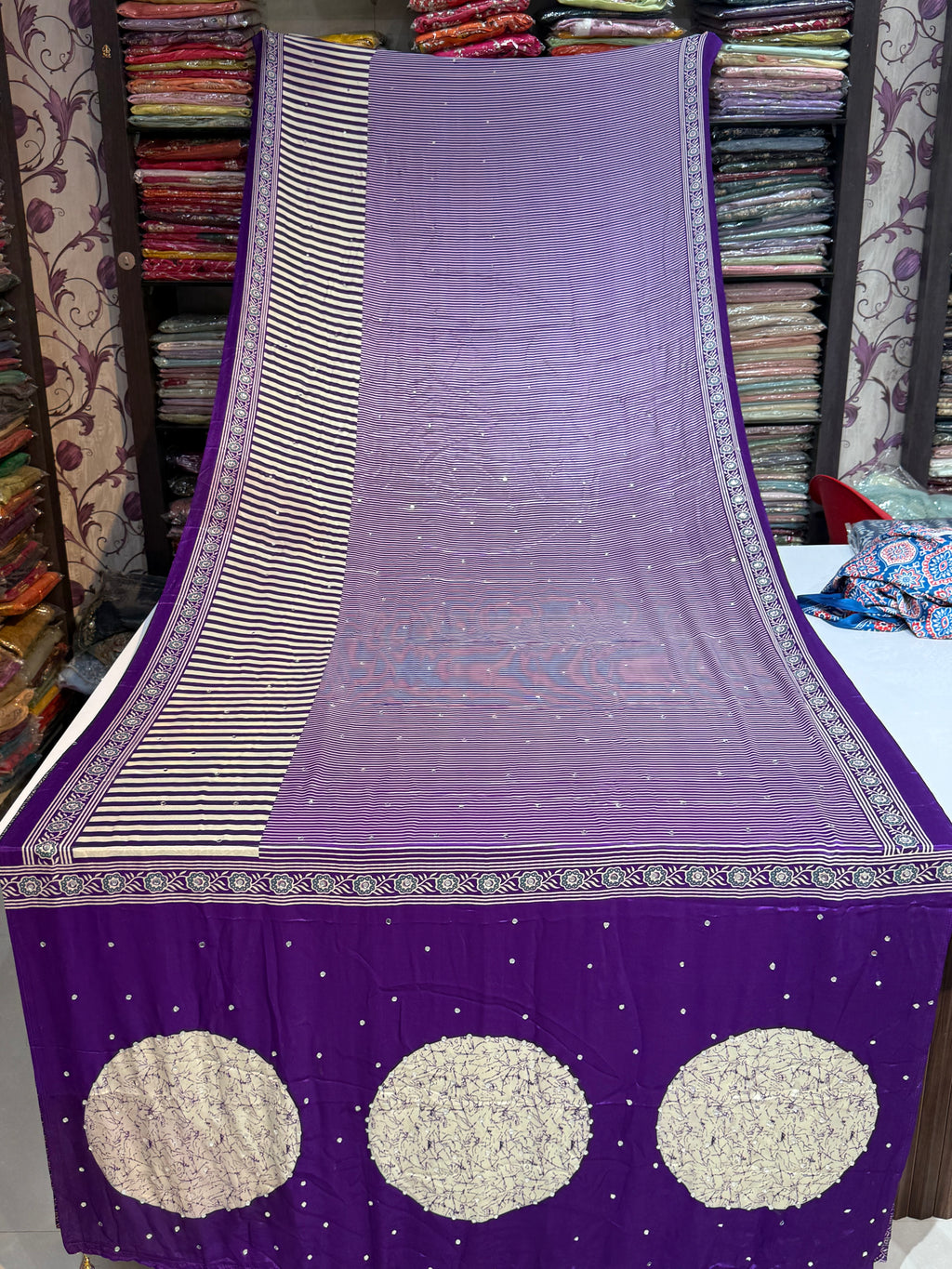 Ajrakh Printed Silk Saree with Mirror Work Detailing