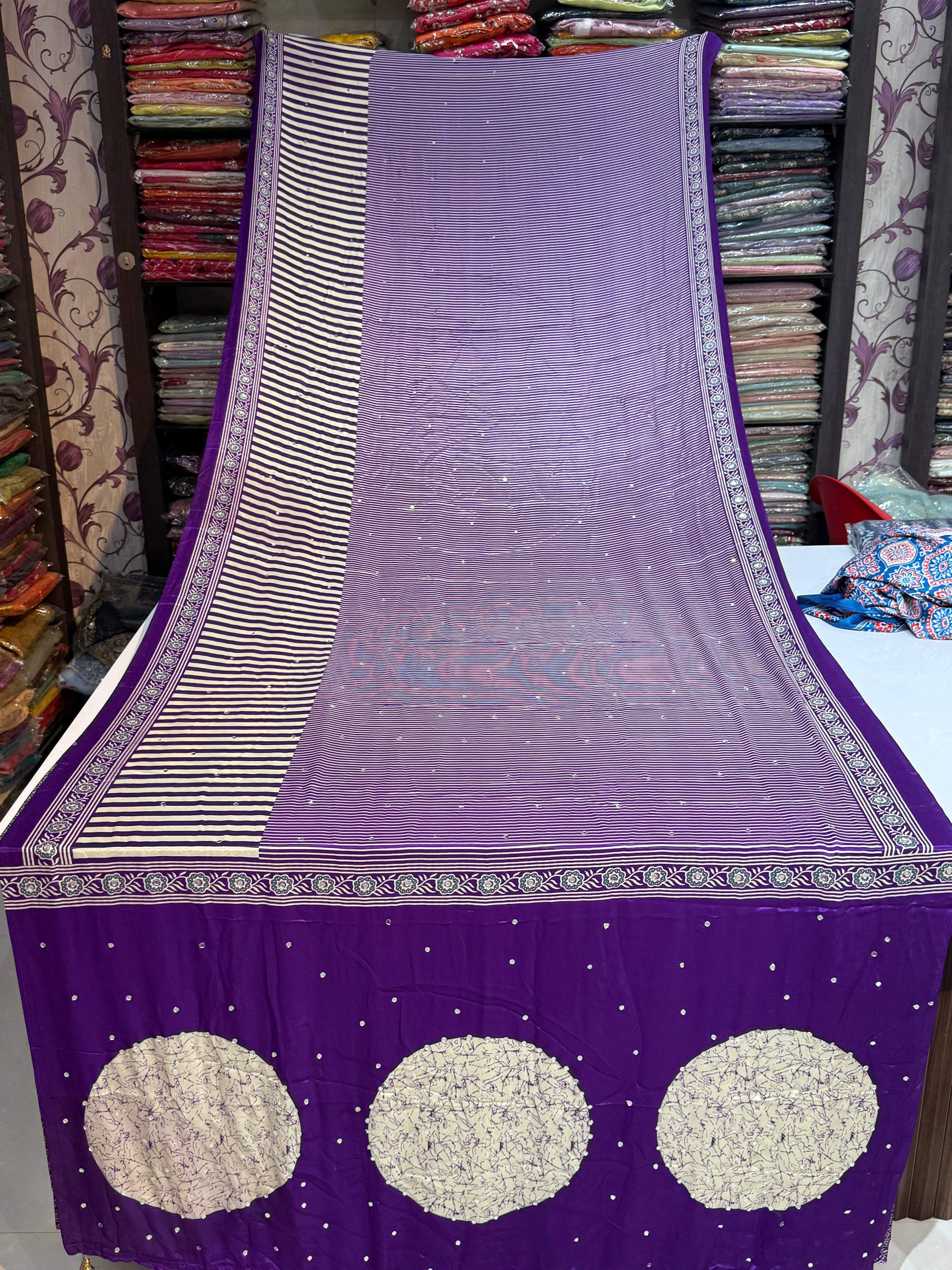 Ajrakh Printed Silk Saree with Mirror Work Detailing