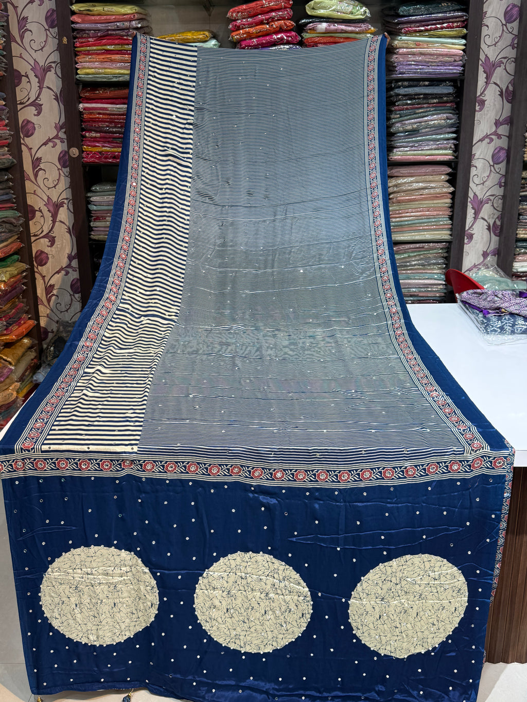 Ajrakh Printed Silk Saree with Mirror Work Detailing