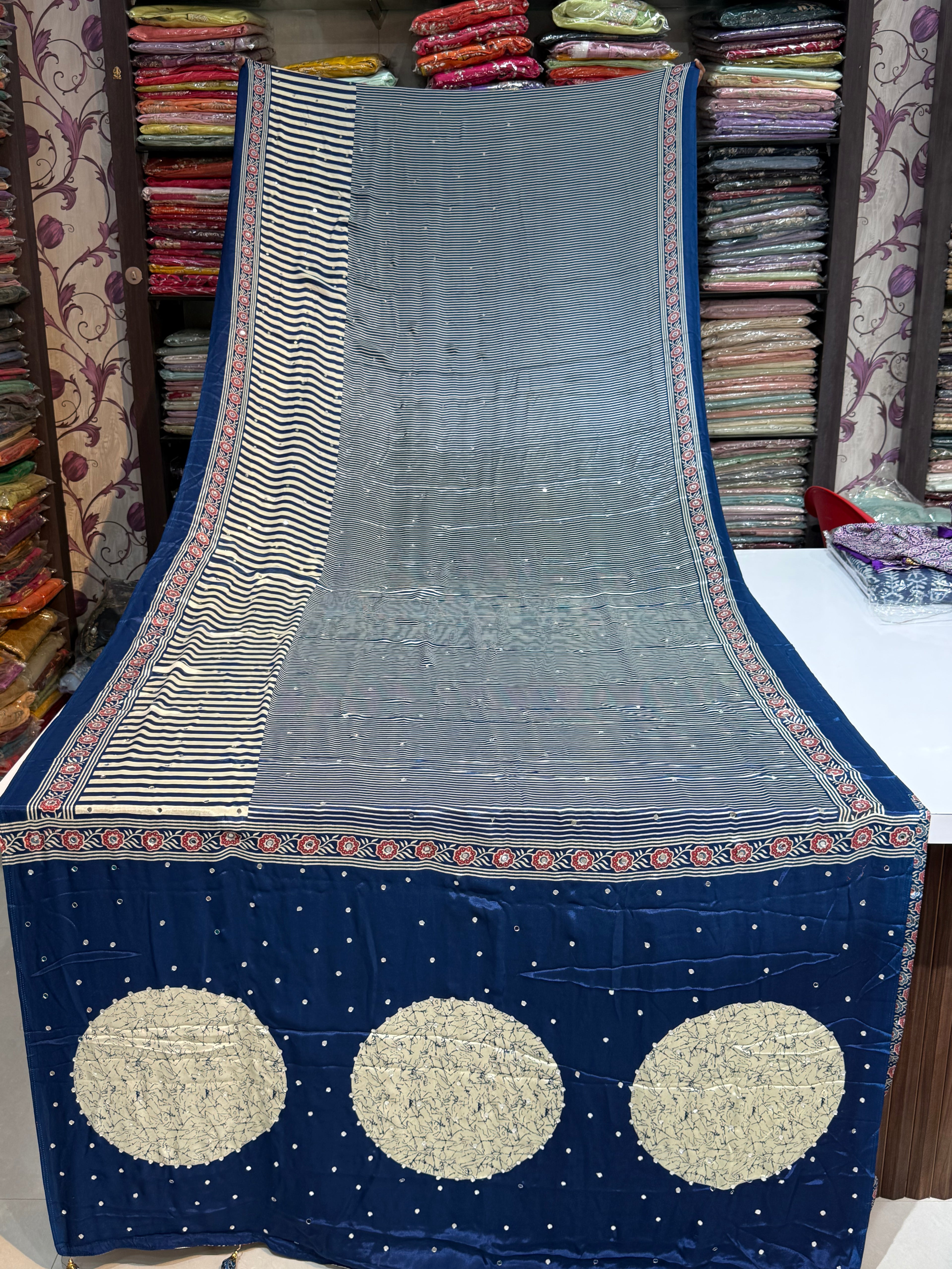 Ajrakh Printed Silk Saree with Mirror Work Detailing