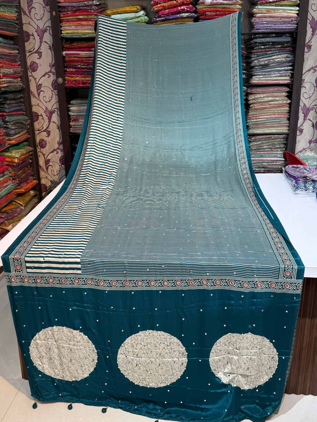 Ajrakh Printed Silk Saree with Mirror Work Detailing