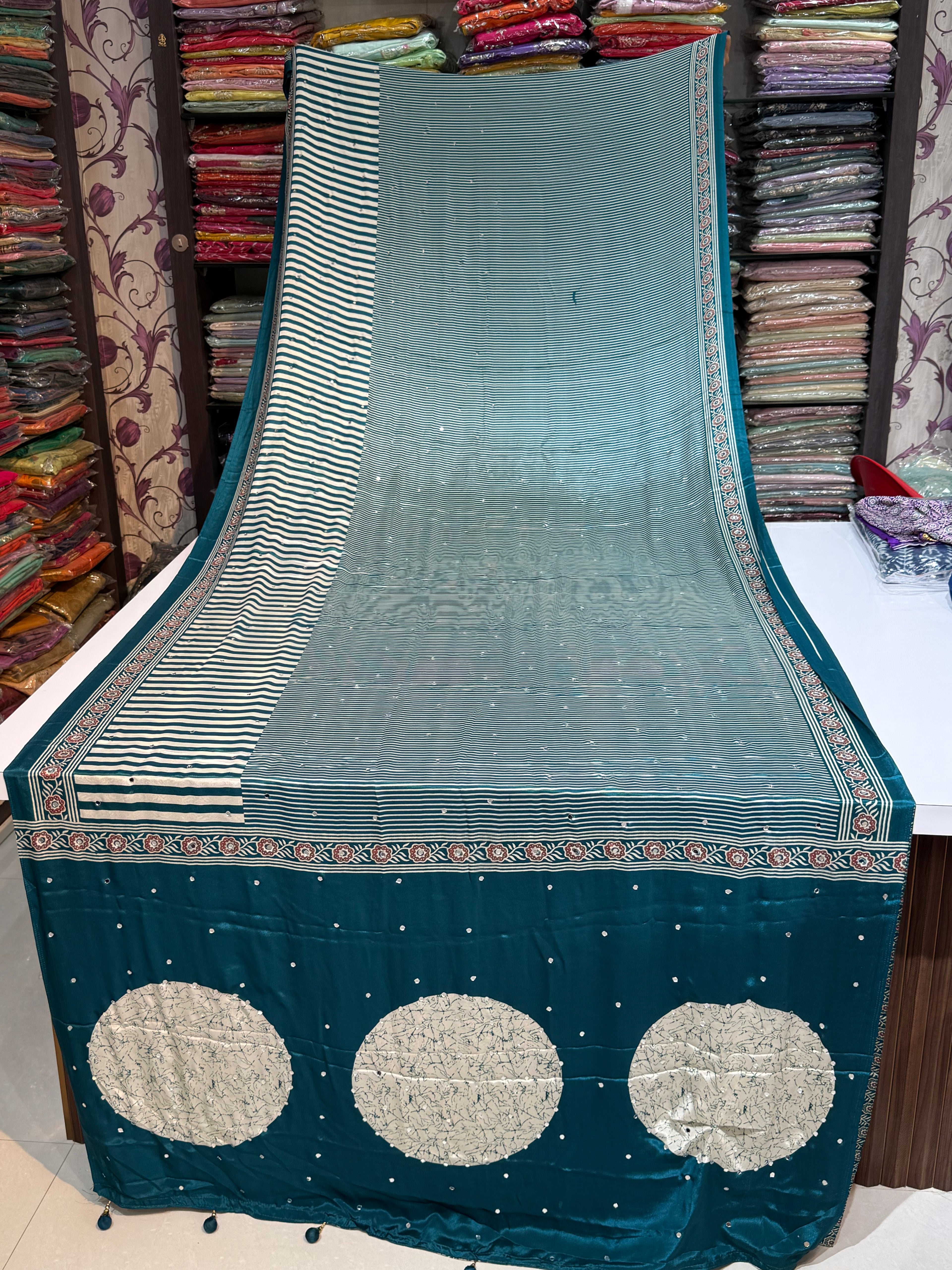 Ajrakh Printed Silk Saree with Mirror Work Detailing