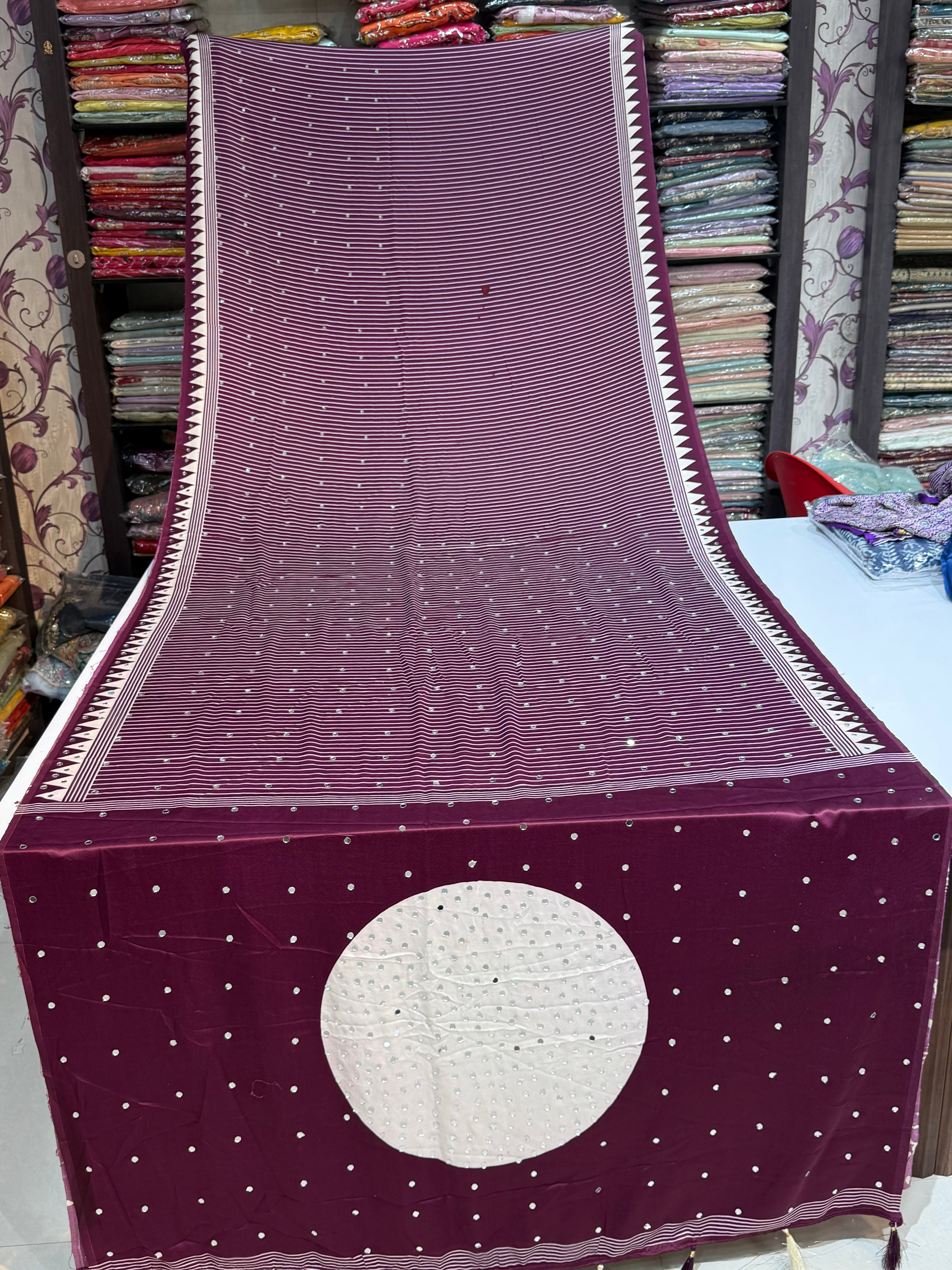 Ajrakh Printed Silk Saree with Mirror Work