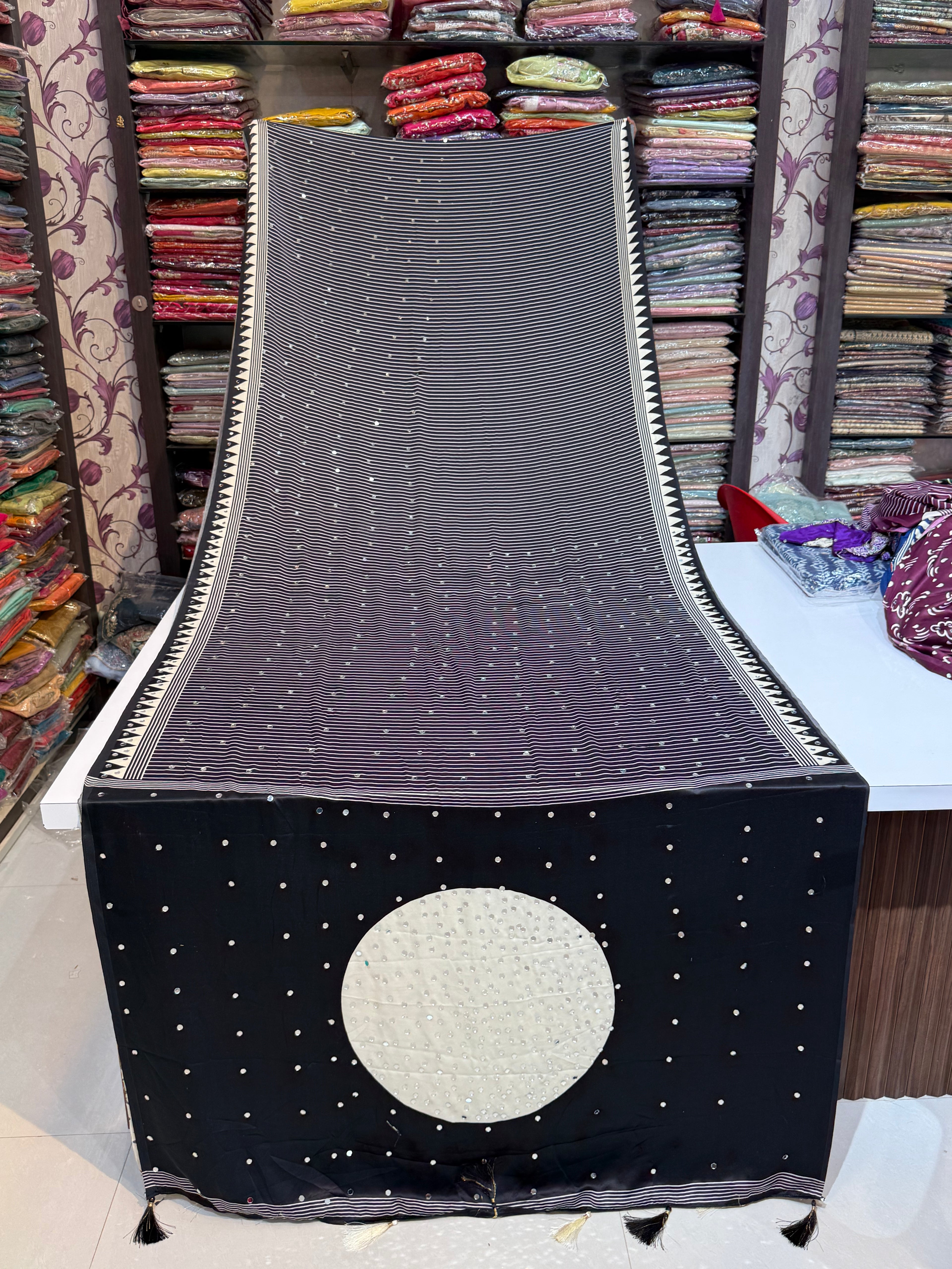 Ajrakh Printed Silk Saree with Mirror Work
