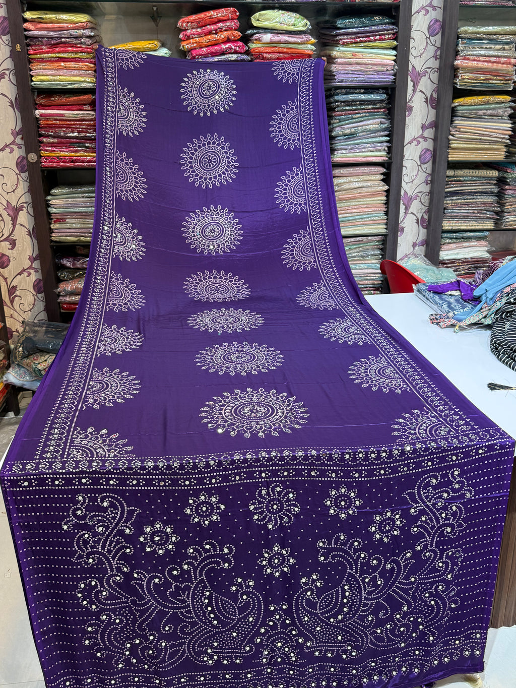 Ajrakh Printed Silk Saree with Mirror Work Detailing BANDHANI