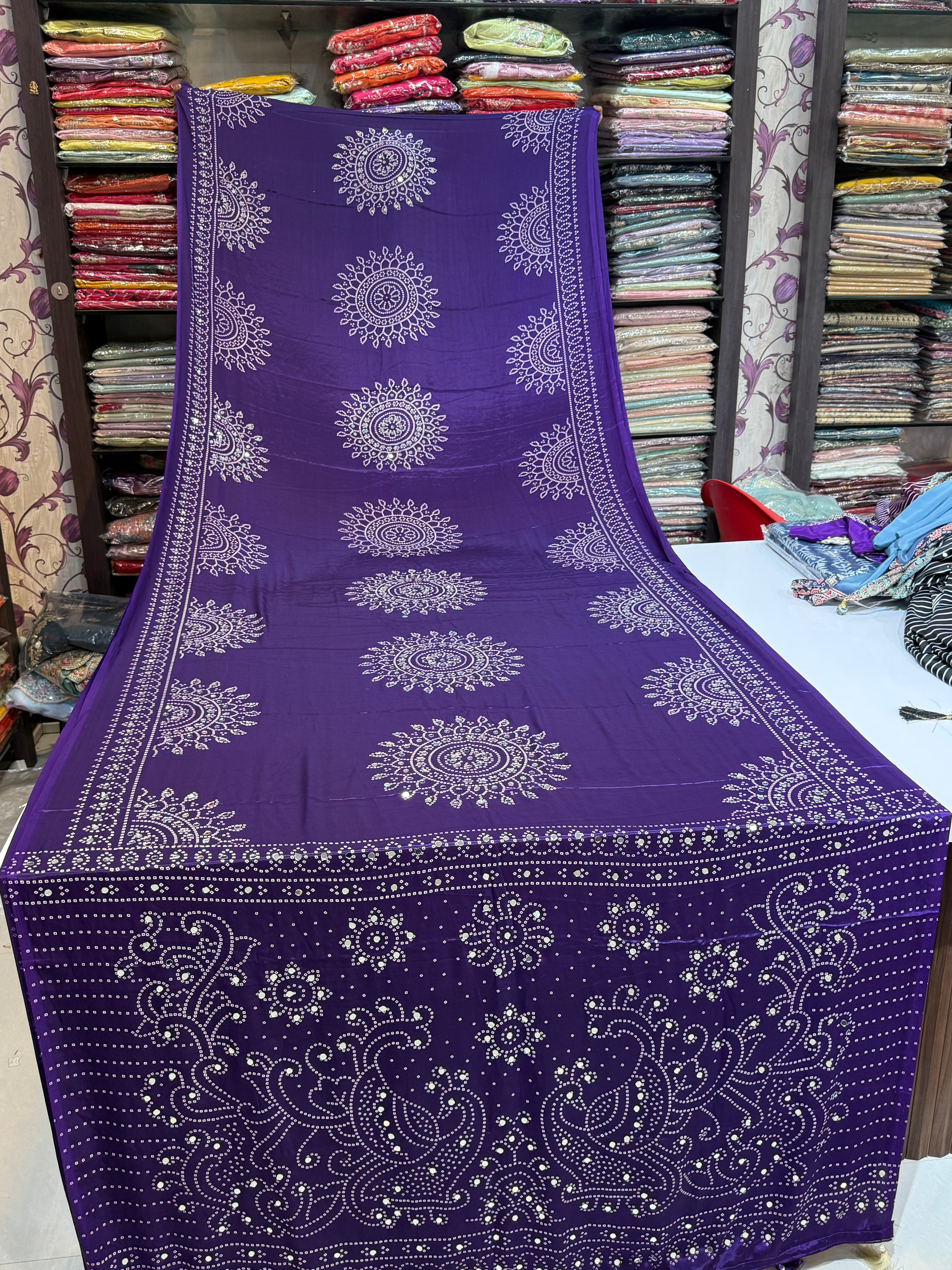 Ajrakh Printed Silk Saree with Mirror Work Detailing BANDHANI