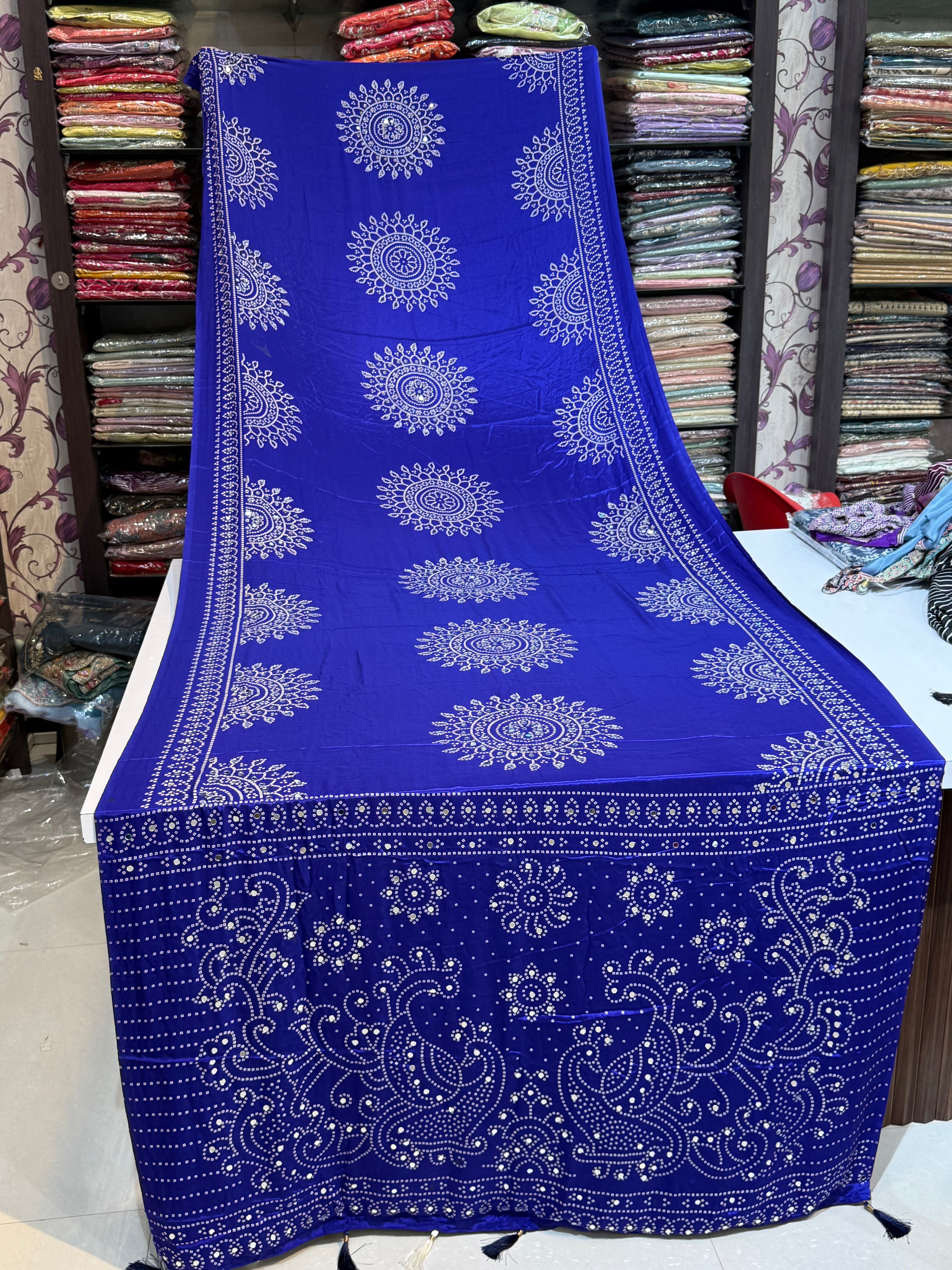 Ajrakh Printed Silk Saree with Mirror Work Detailing BANDHANI