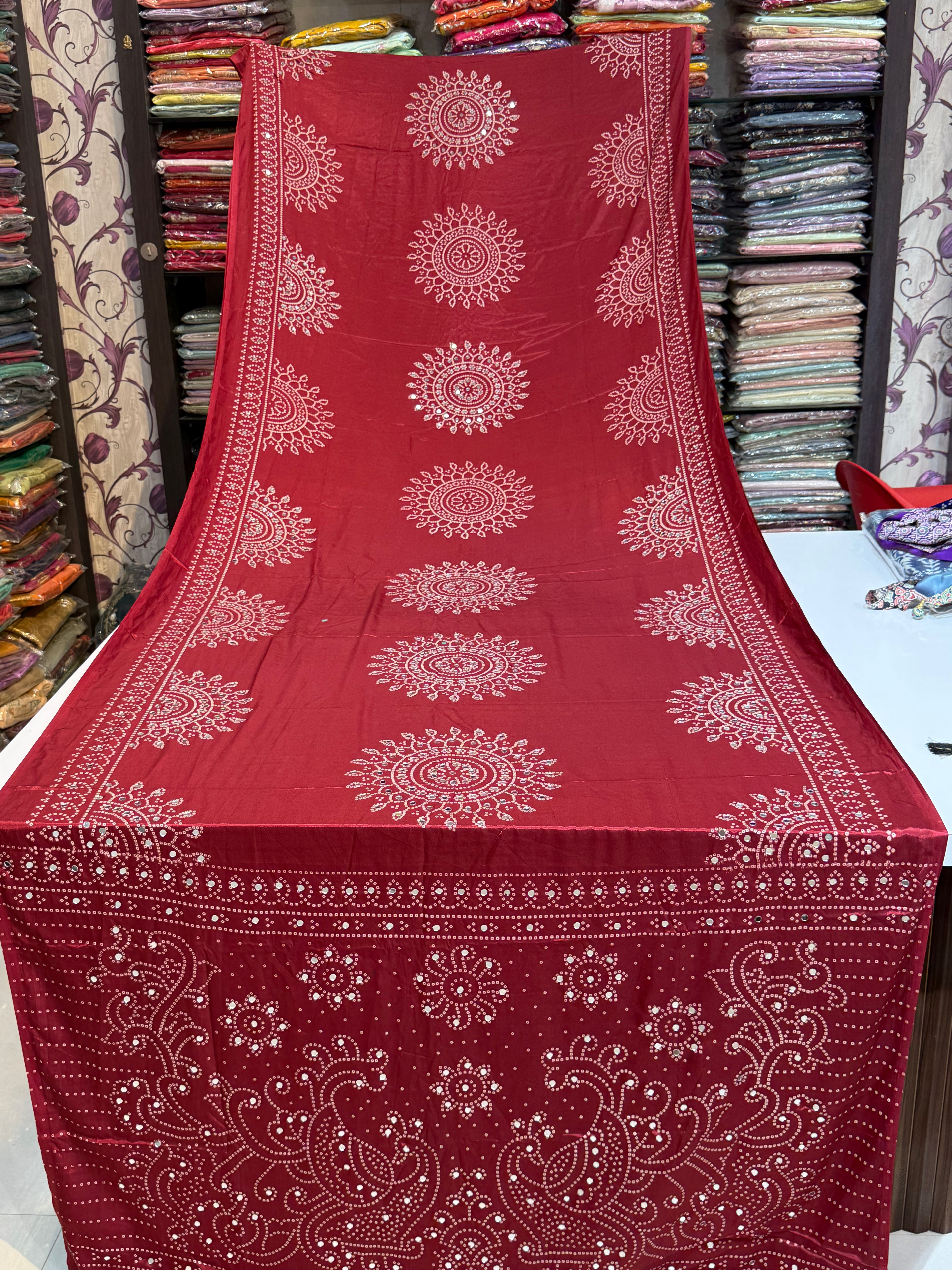 Ajrakh Printed Silk Saree with Mirror Work Detailing BANDHANI