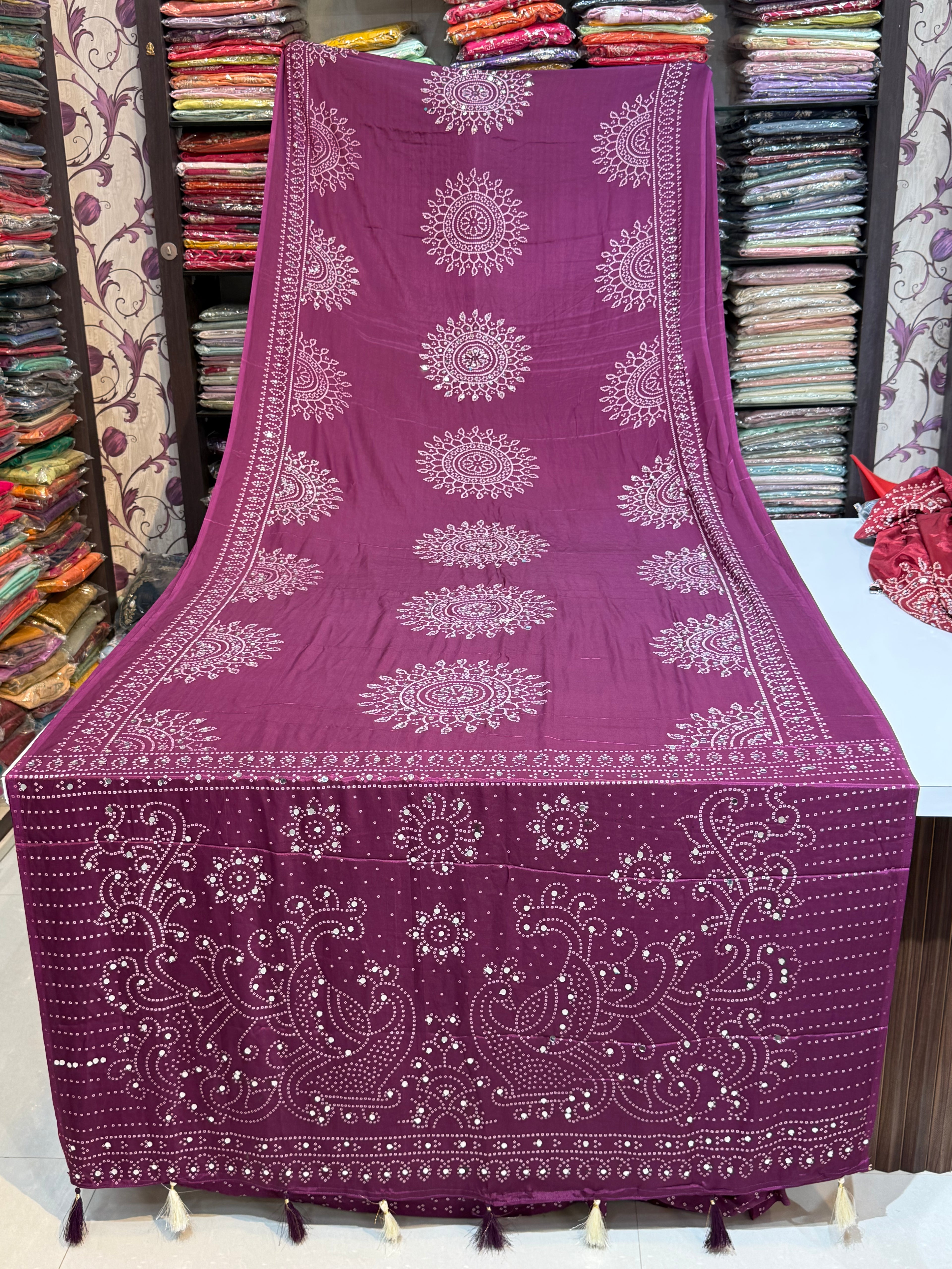 Ajrakh Printed Silk Saree with Mirror Work Detailing BANDHANI