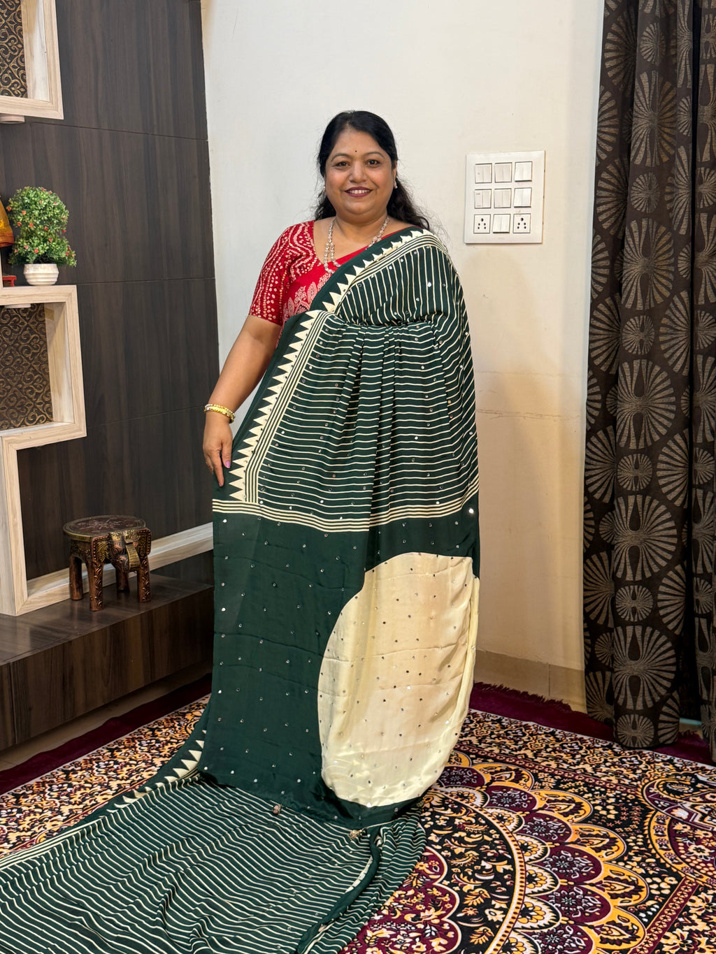 Ajrakh Printed Silk Saree with Mirror Work