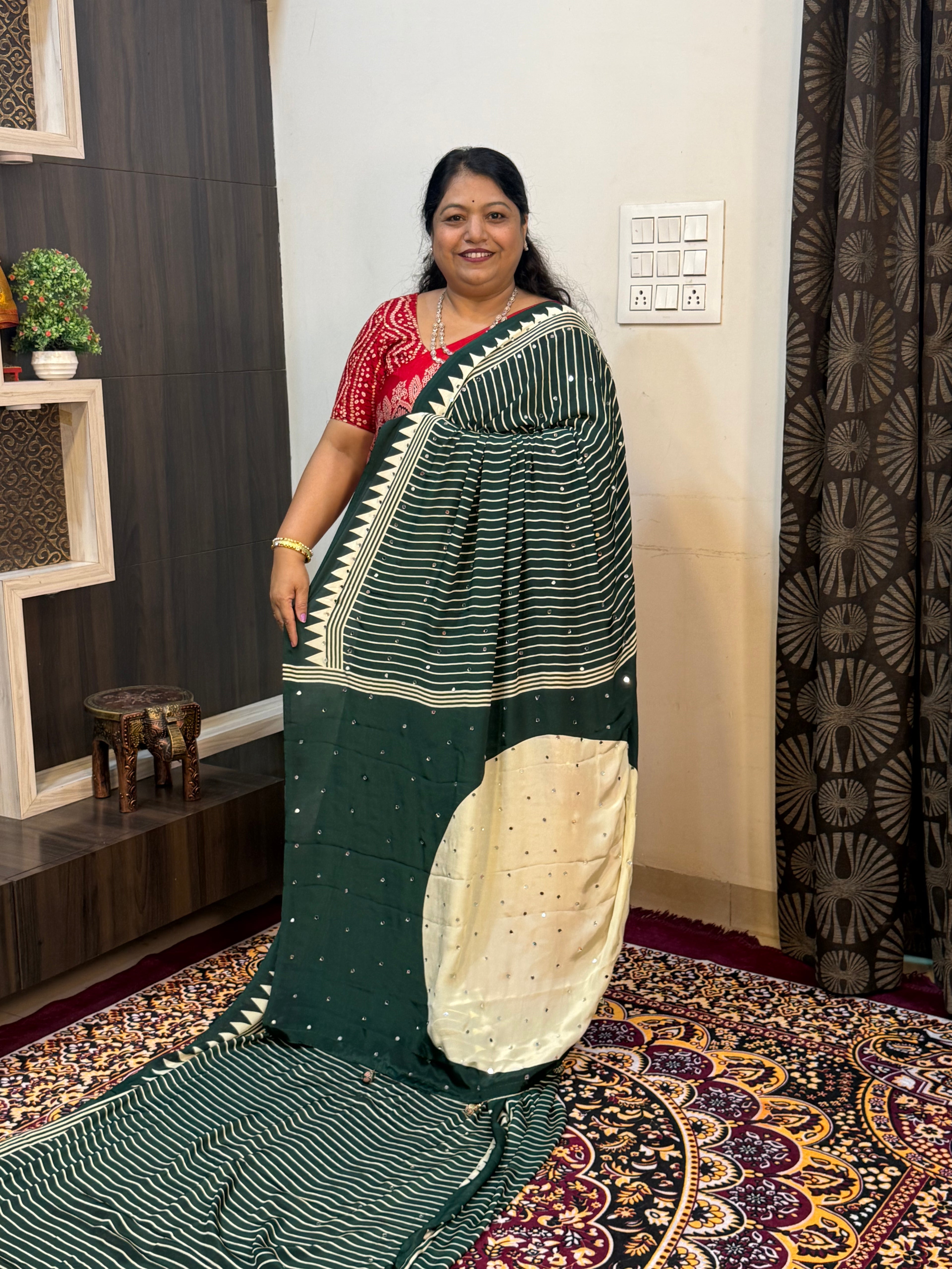 Ajrakh Printed Silk Saree with Mirror Work