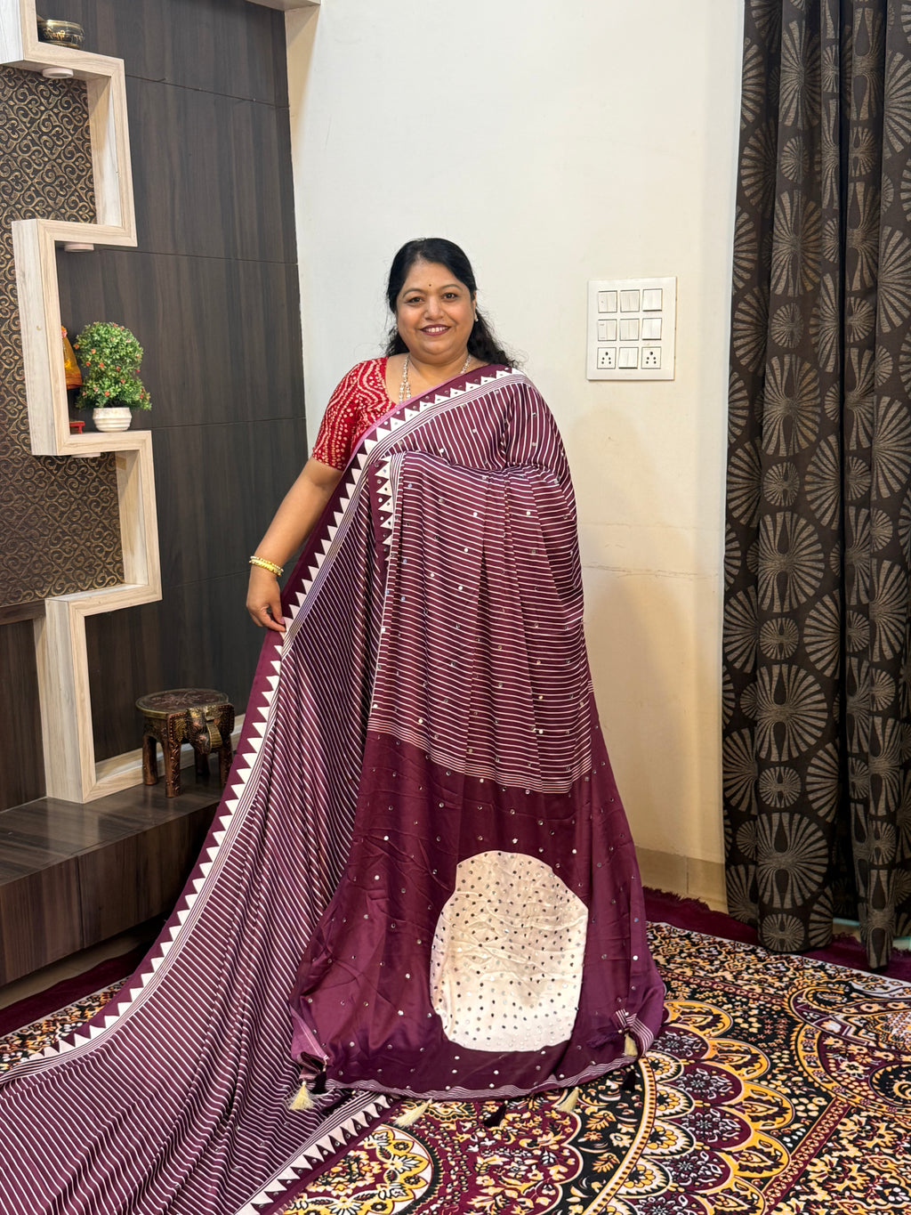 Ajrakh Printed Silk Saree with Mirror Work