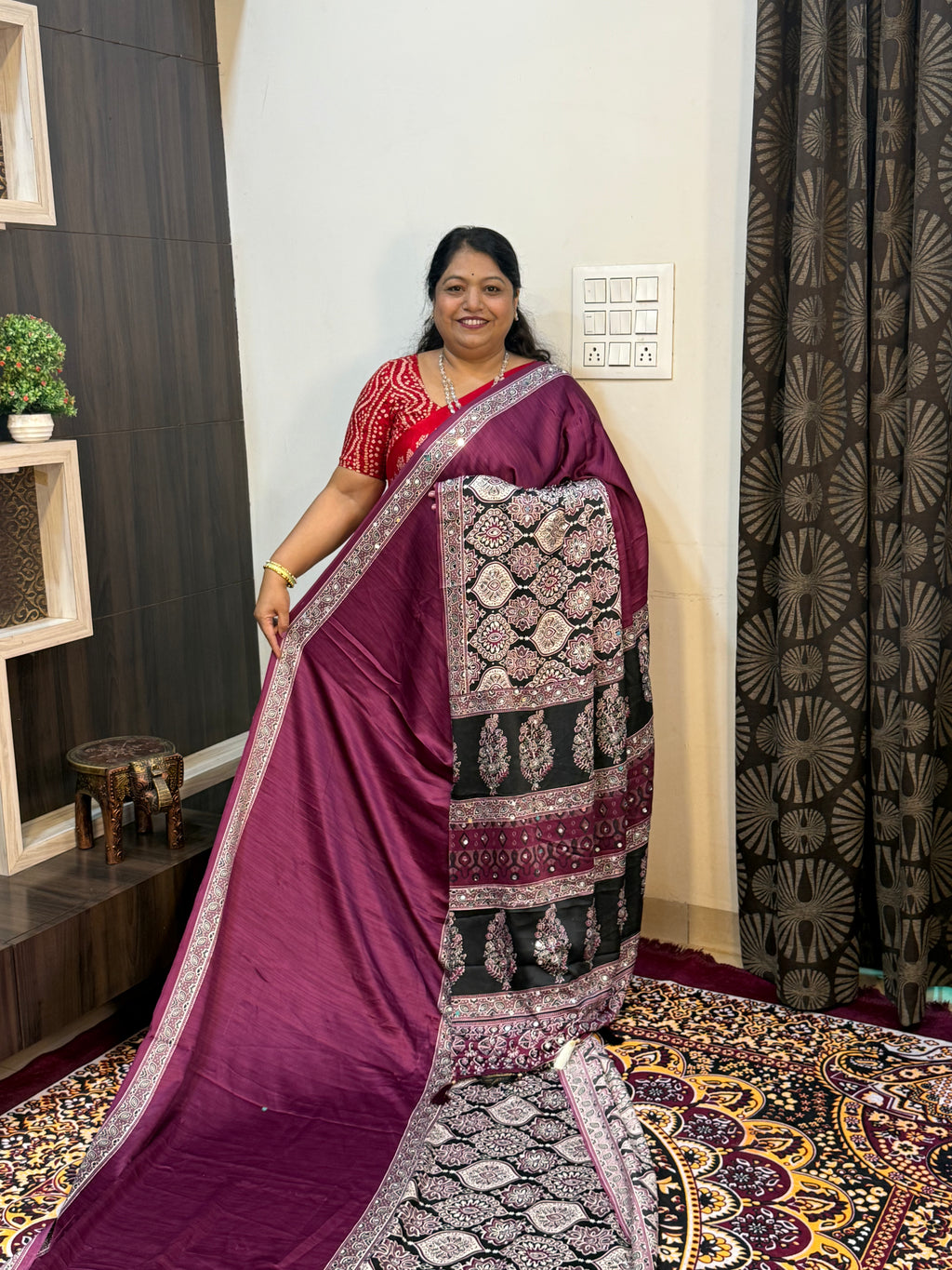 Ajrakh Printed Silk Saree with Mirror Work Detailing