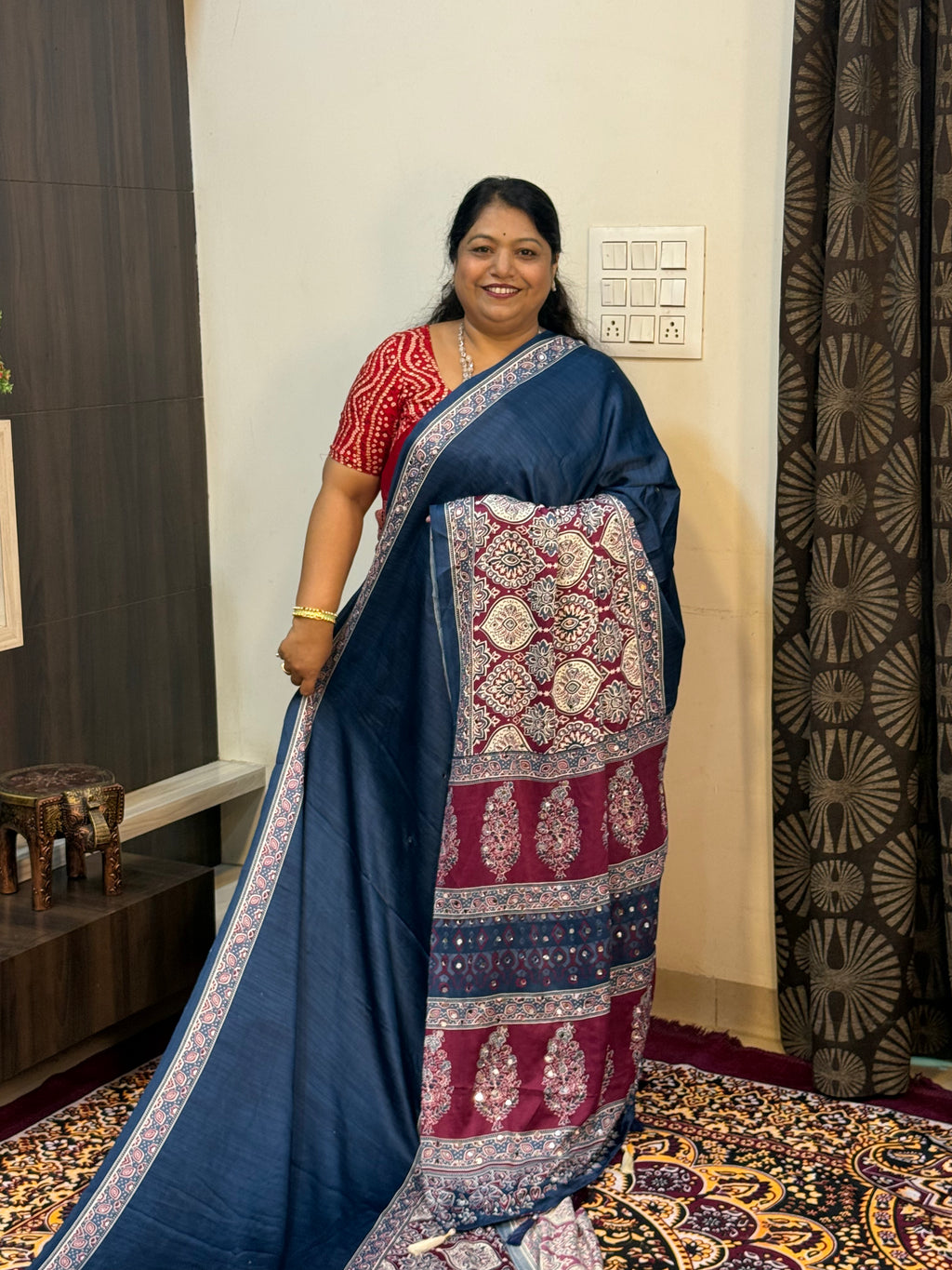 Ajrakh Printed Silk Saree with Mirror Work BLUE COLOUR
