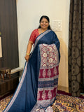 Ajrakh Printed Silk Saree with Mirror Work BLUE COLOUR