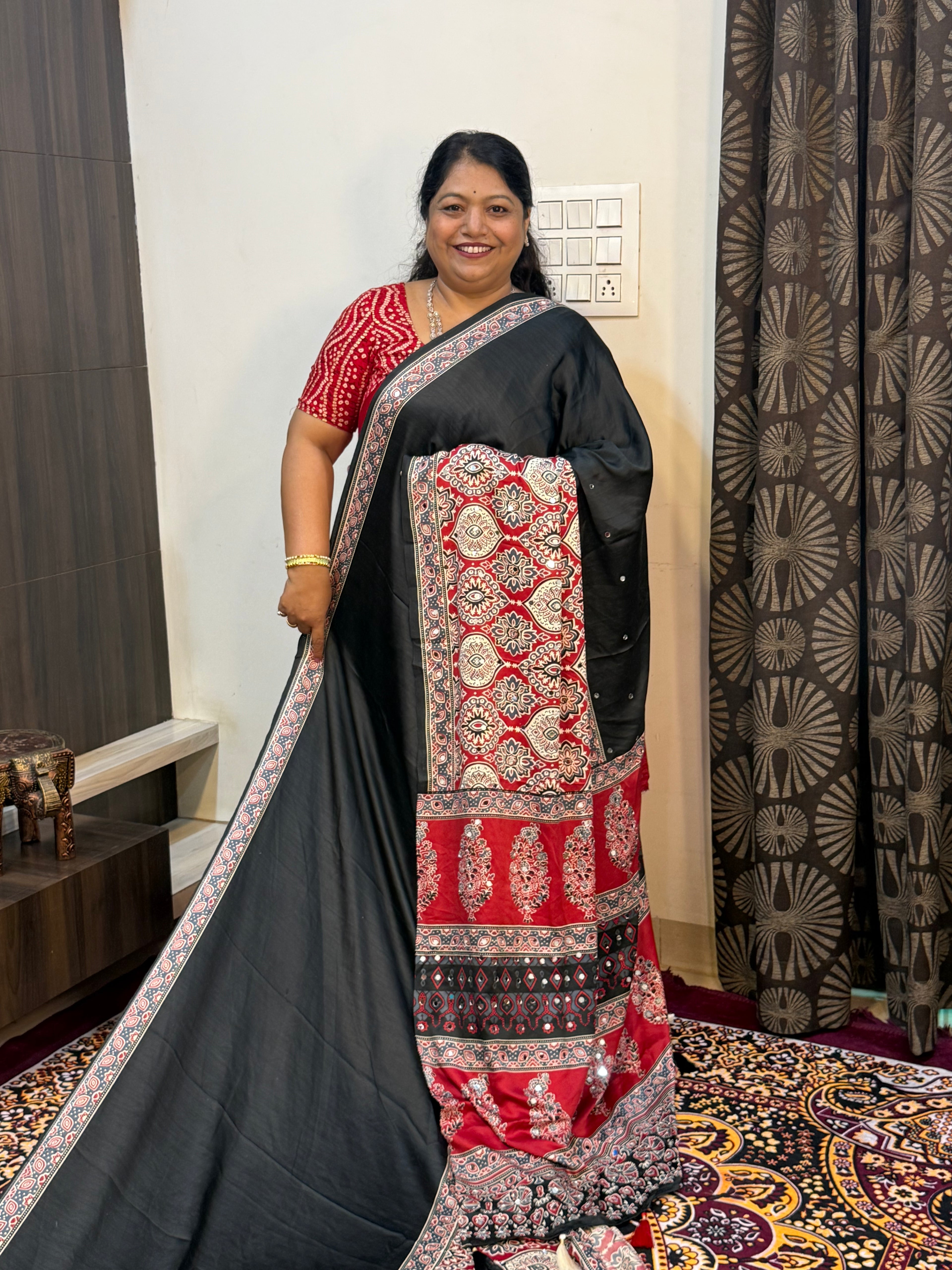 AJRAKH PRINT MIRROR WORK SAREE BLACK