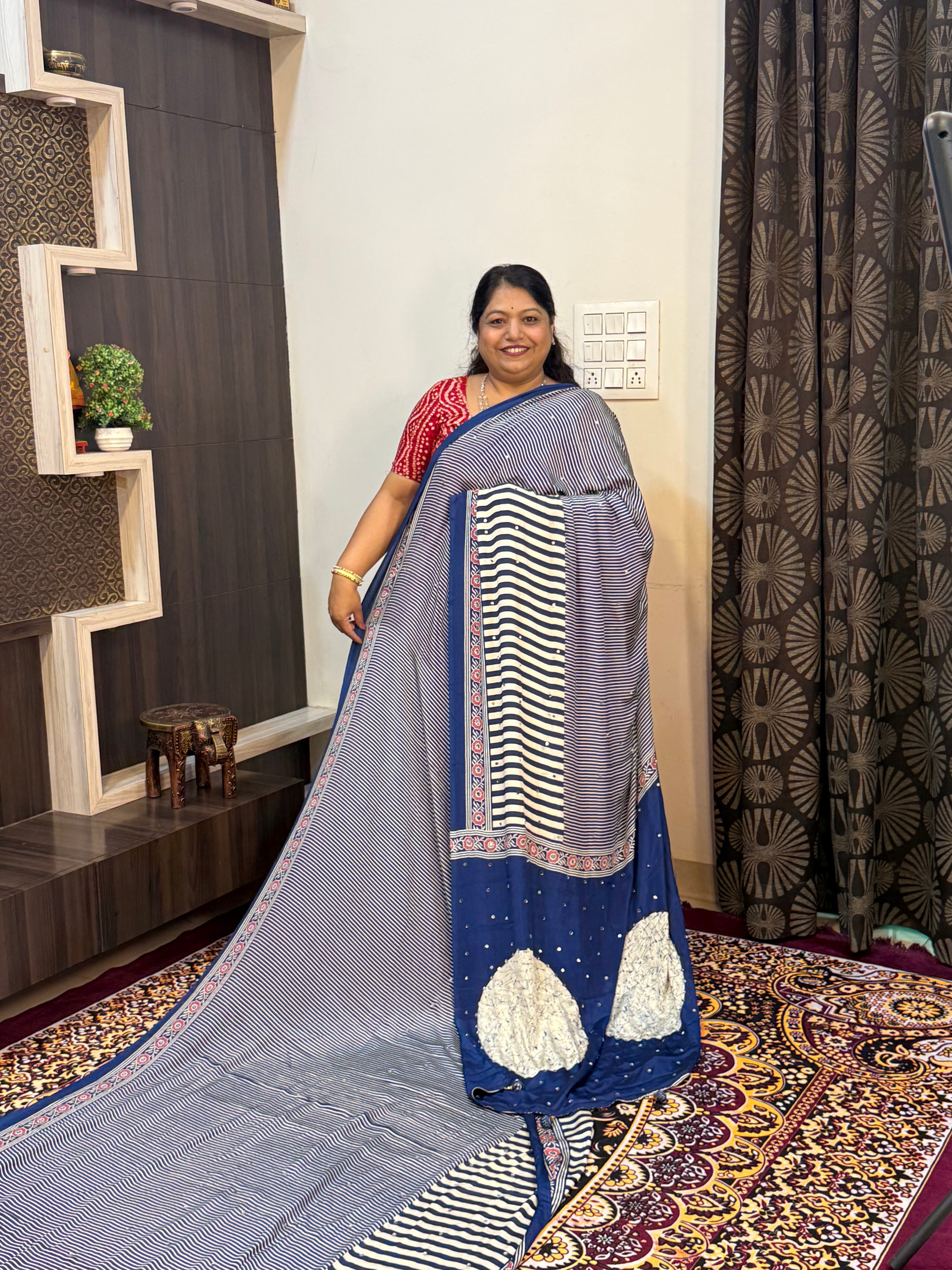 Ajrakh Printed Silk Saree with Mirror Work Detailing