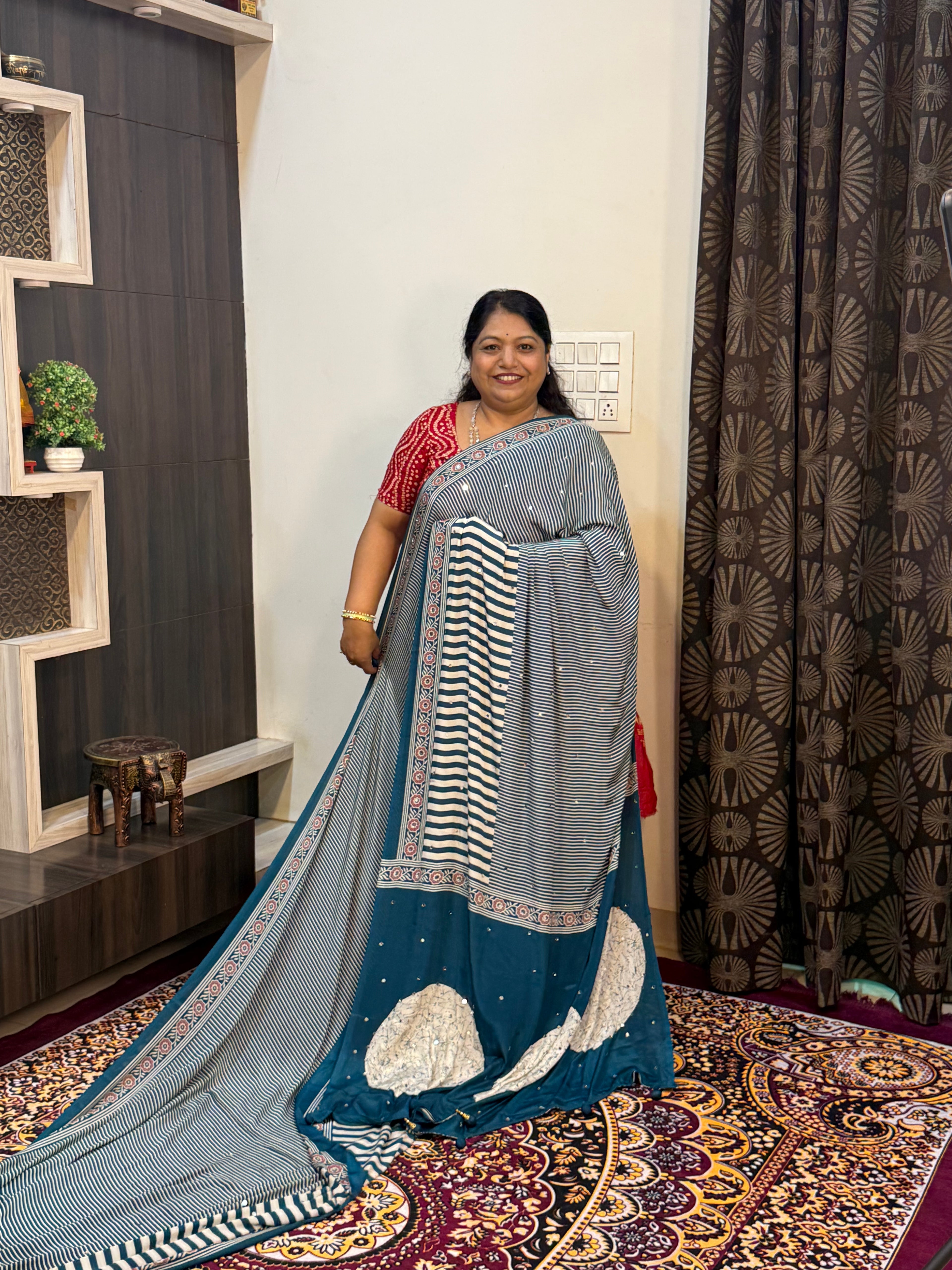 Ajrakh Printed Silk Saree with Mirror Work Detailing