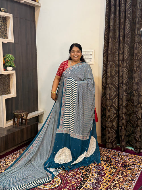 Ajrakh Printed Silk Saree with Mirror Work Detailing