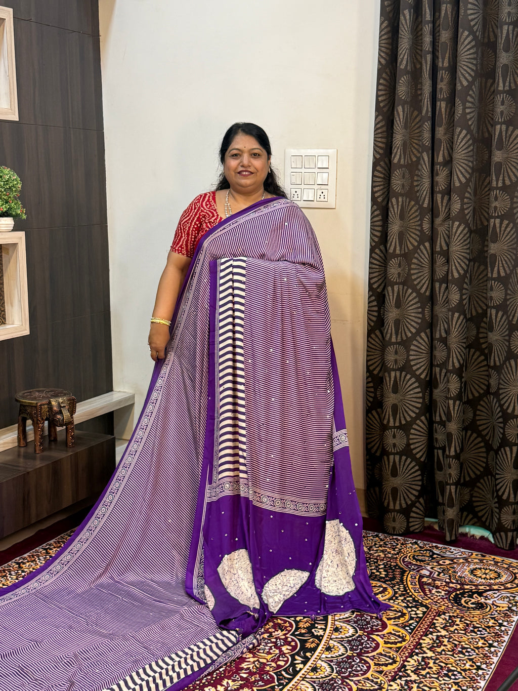 Ajrakh Printed Silk Saree with Mirror Work Detailing
