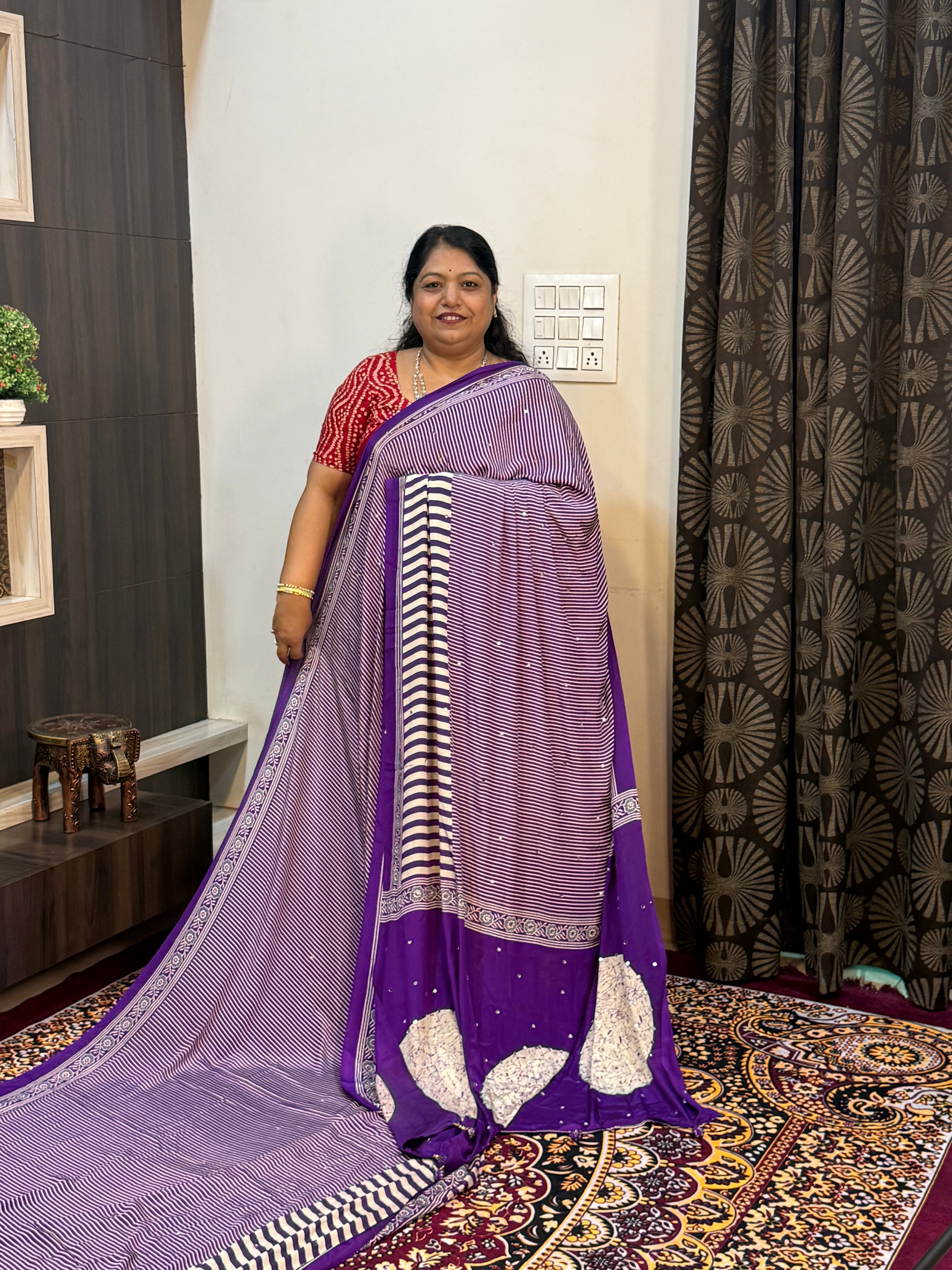Ajrakh Printed Silk Saree with Mirror Work Detailing