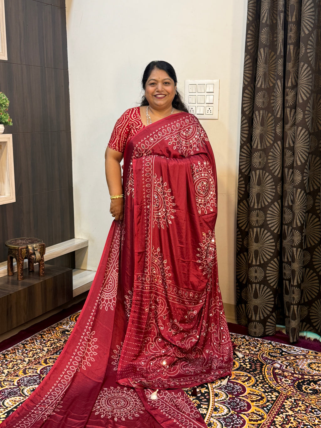 Ajrakh Printed Silk Saree with Mirror Work Detailing BANDHANI