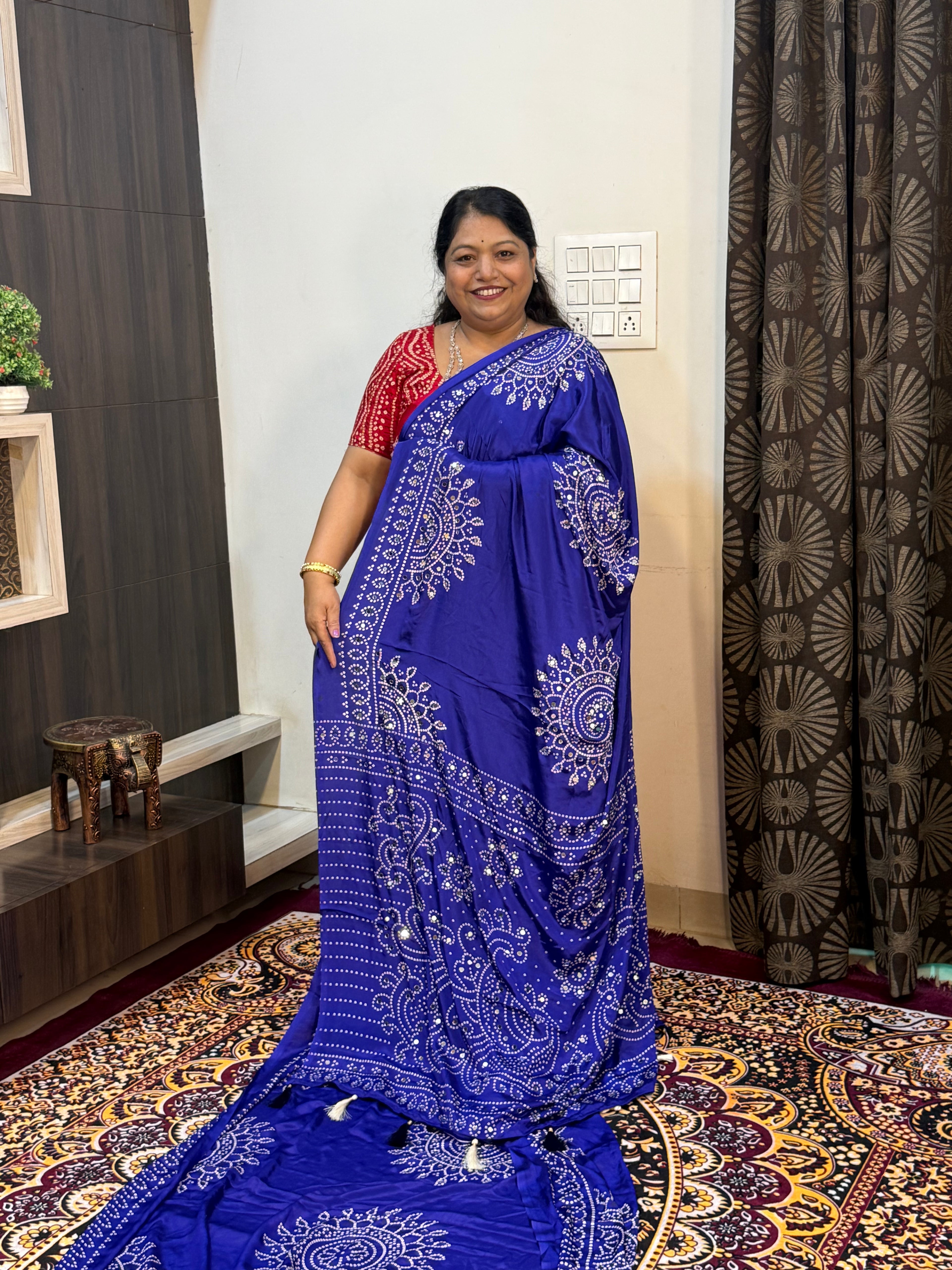 Ajrakh Printed Silk Saree with Mirror Work Detailing BANDHANI