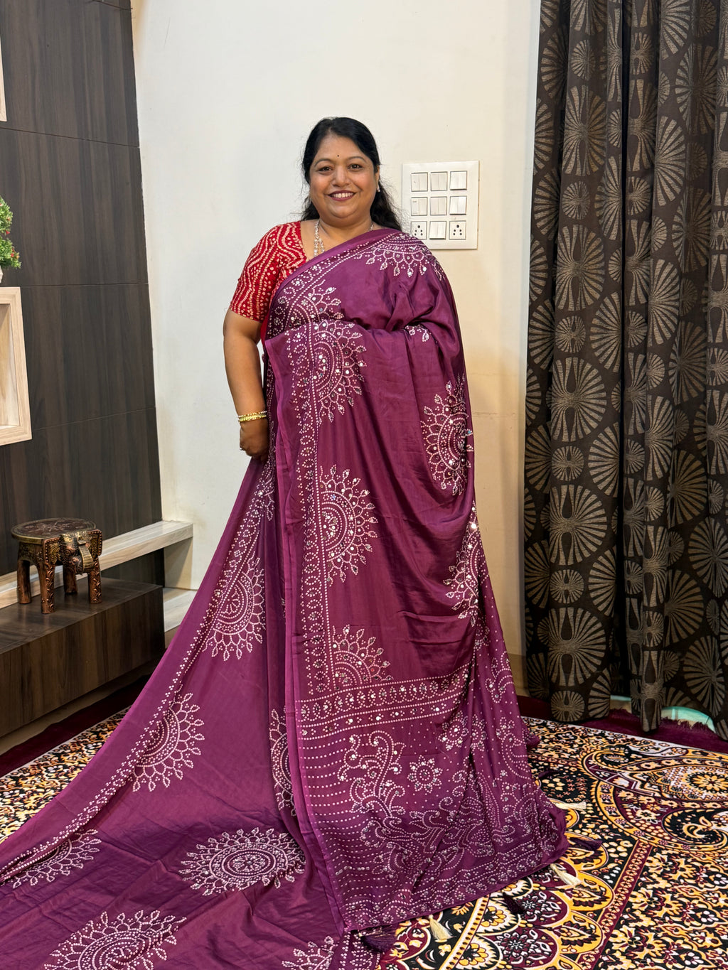 Ajrakh Printed Silk Saree with Mirror Work Detailing BANDHANI