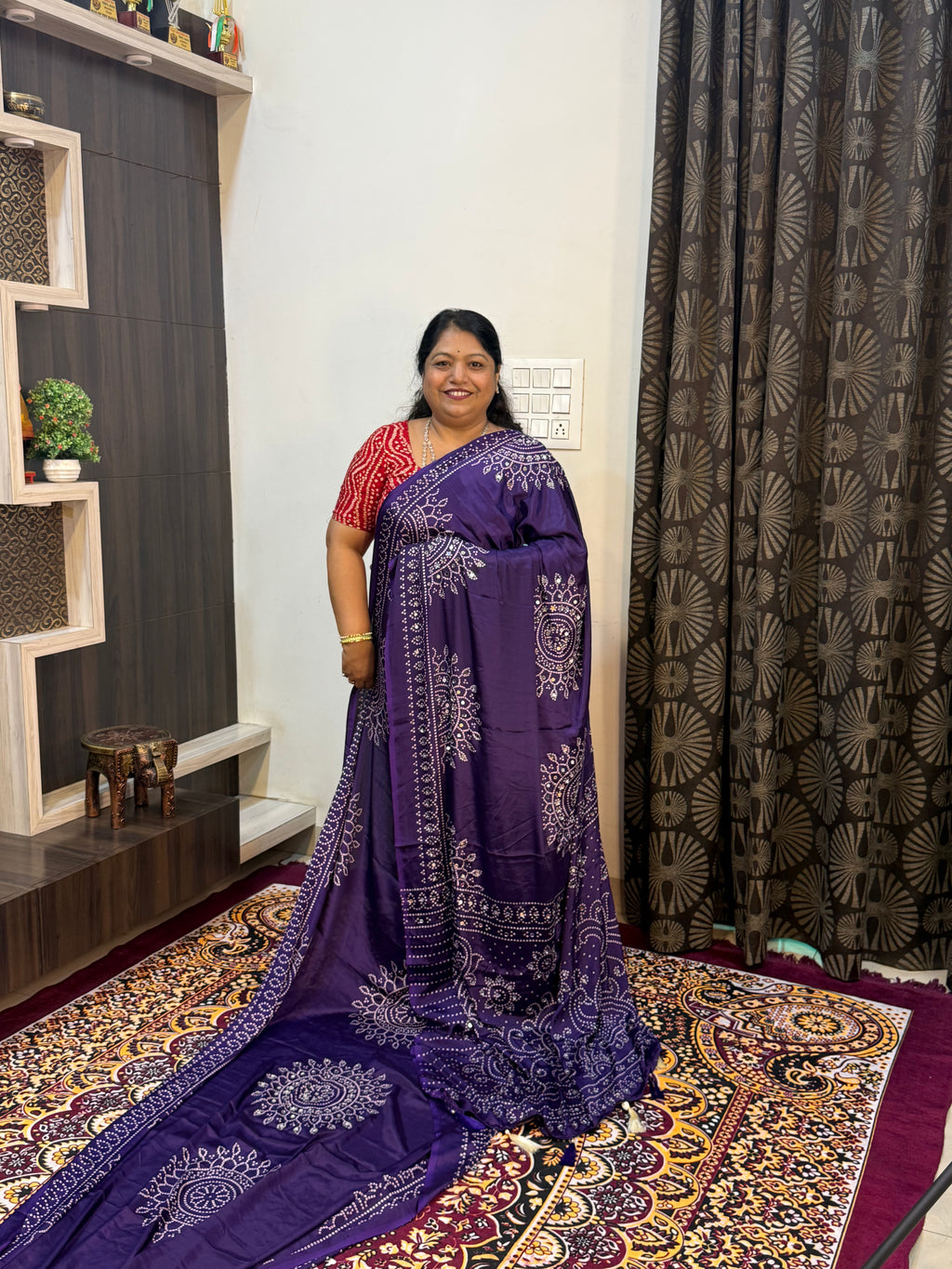 Ajrakh Printed Silk Saree with Mirror Work Detailing BANDHANI