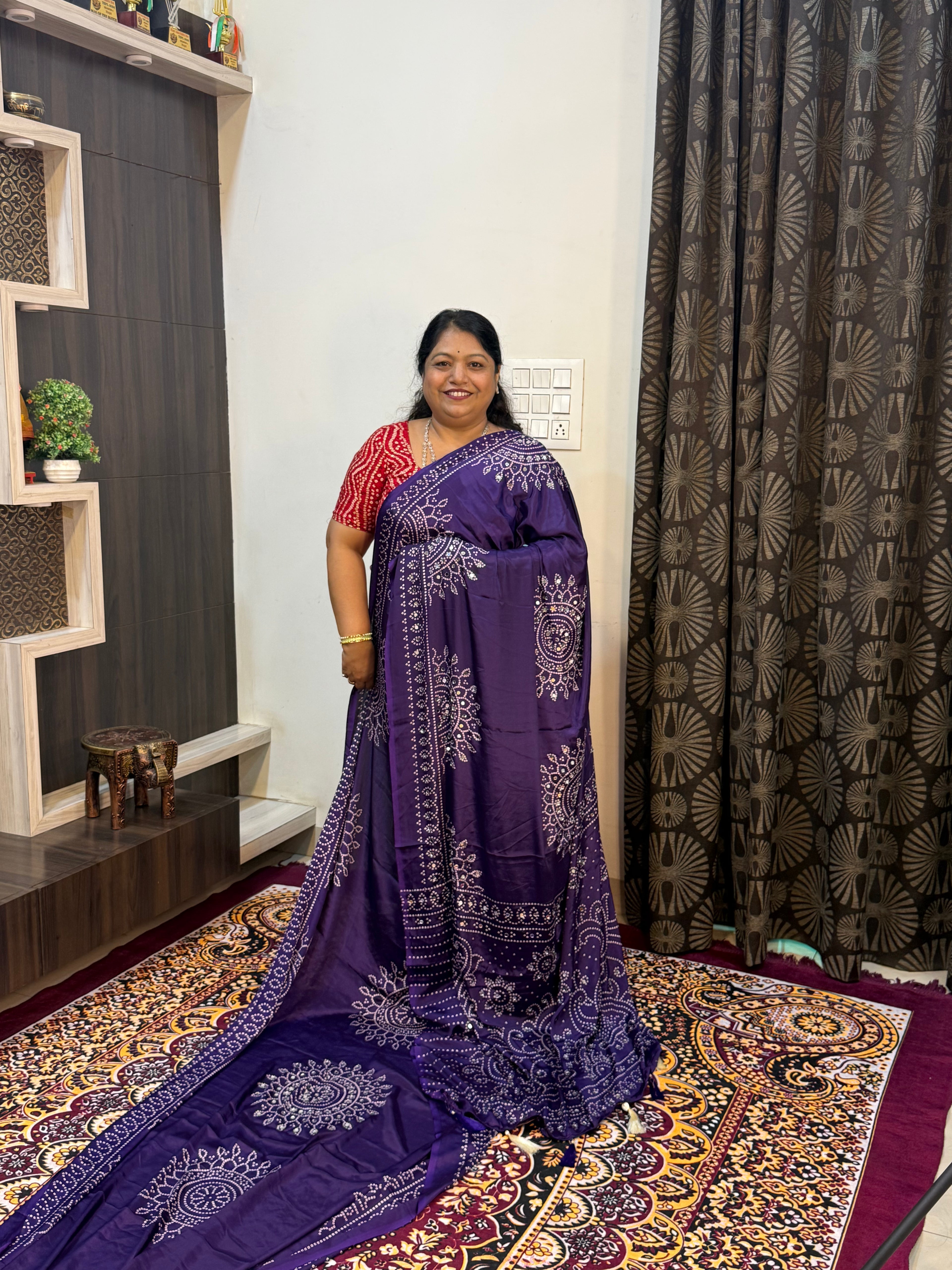 Ajrakh Printed Silk Saree with Mirror Work Detailing BANDHANI
