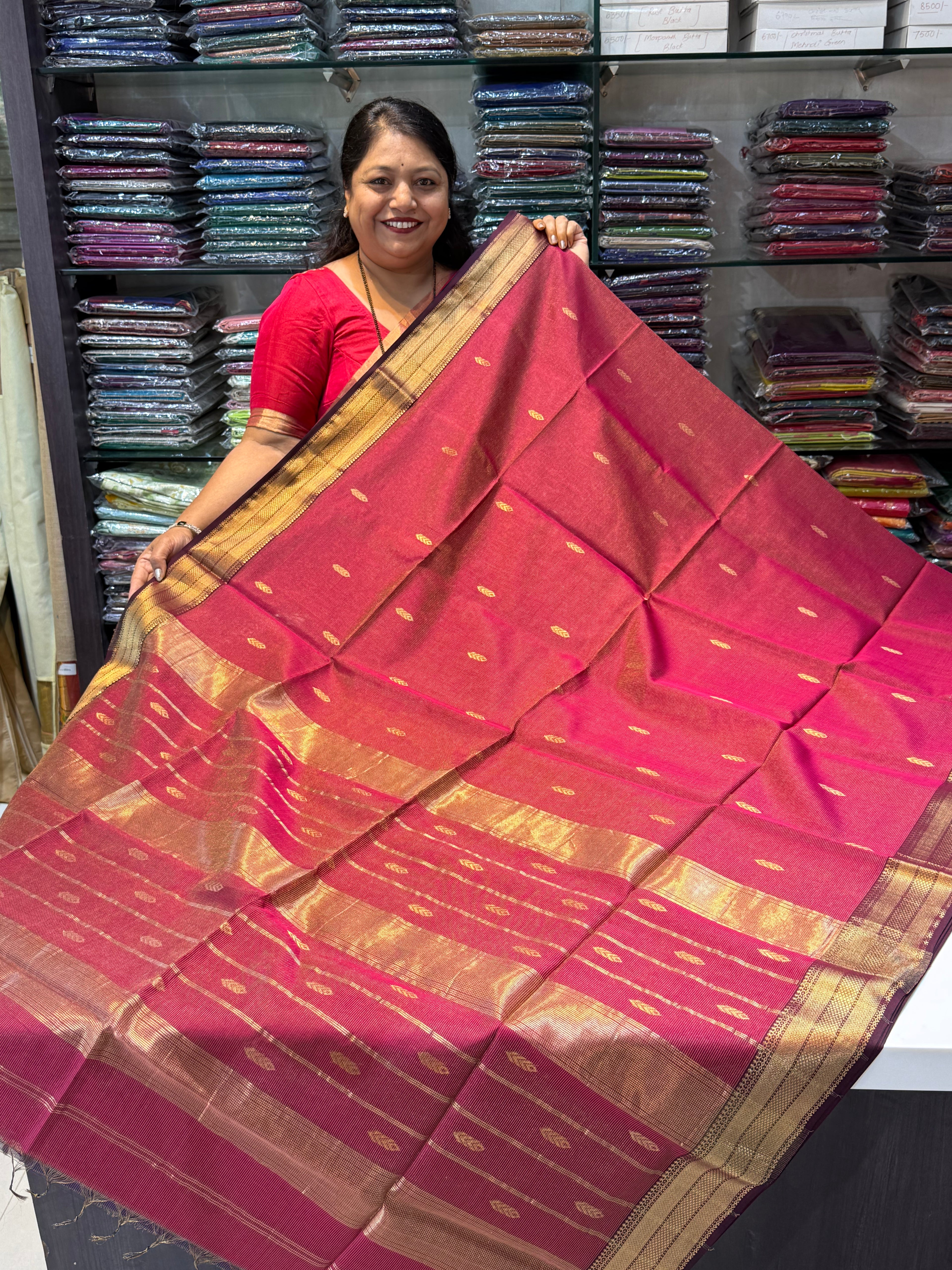 Tissue Maheshwari Saree with Zari & Silk Tilak Butta