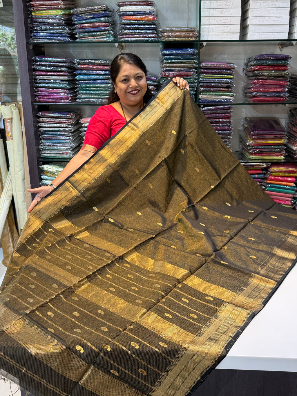 Tissue Maheshwari Saree with Zari & Silk Tilak Butta