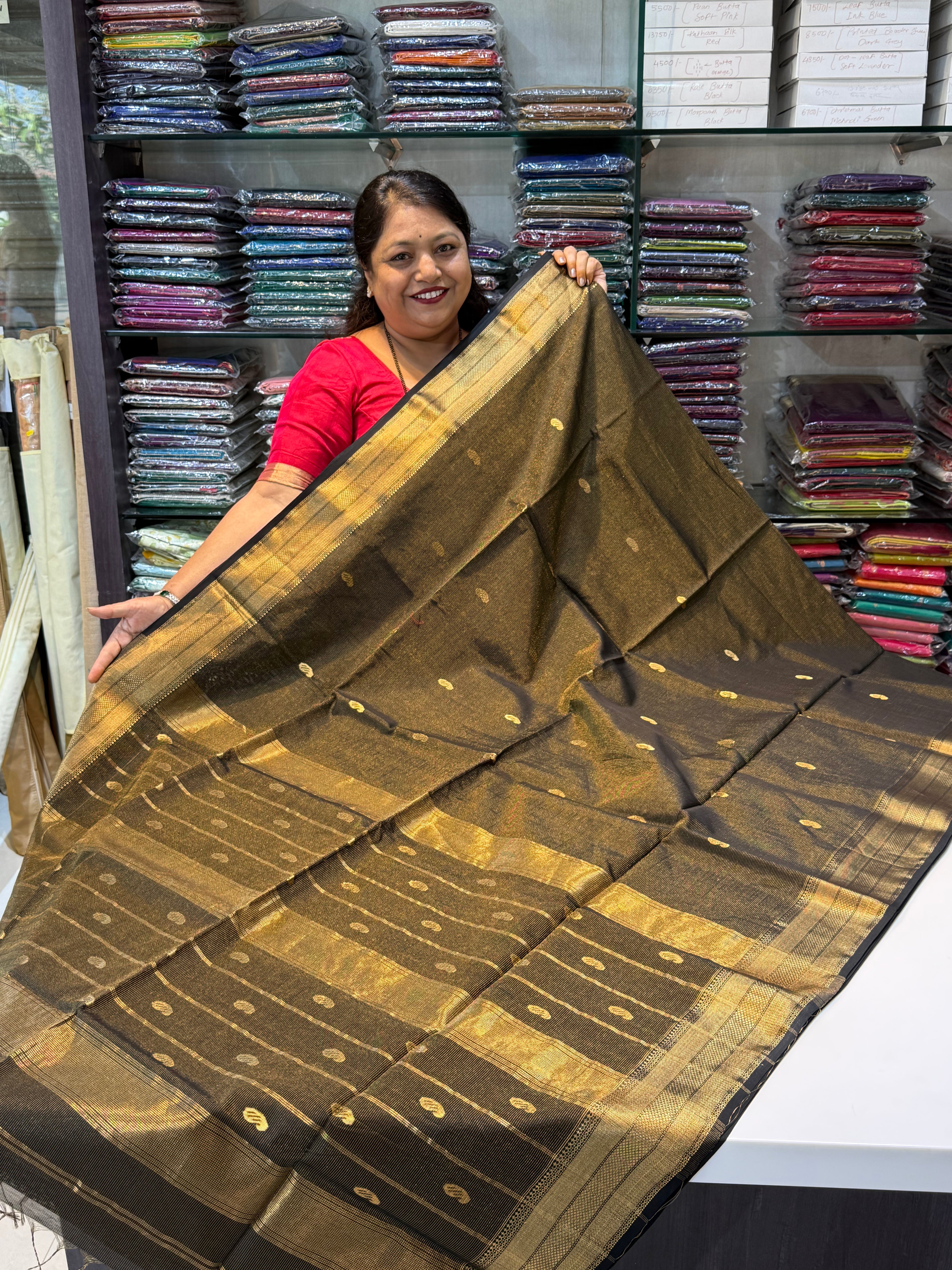 Tissue Maheshwari Saree with Zari & Silk Tilak Butta