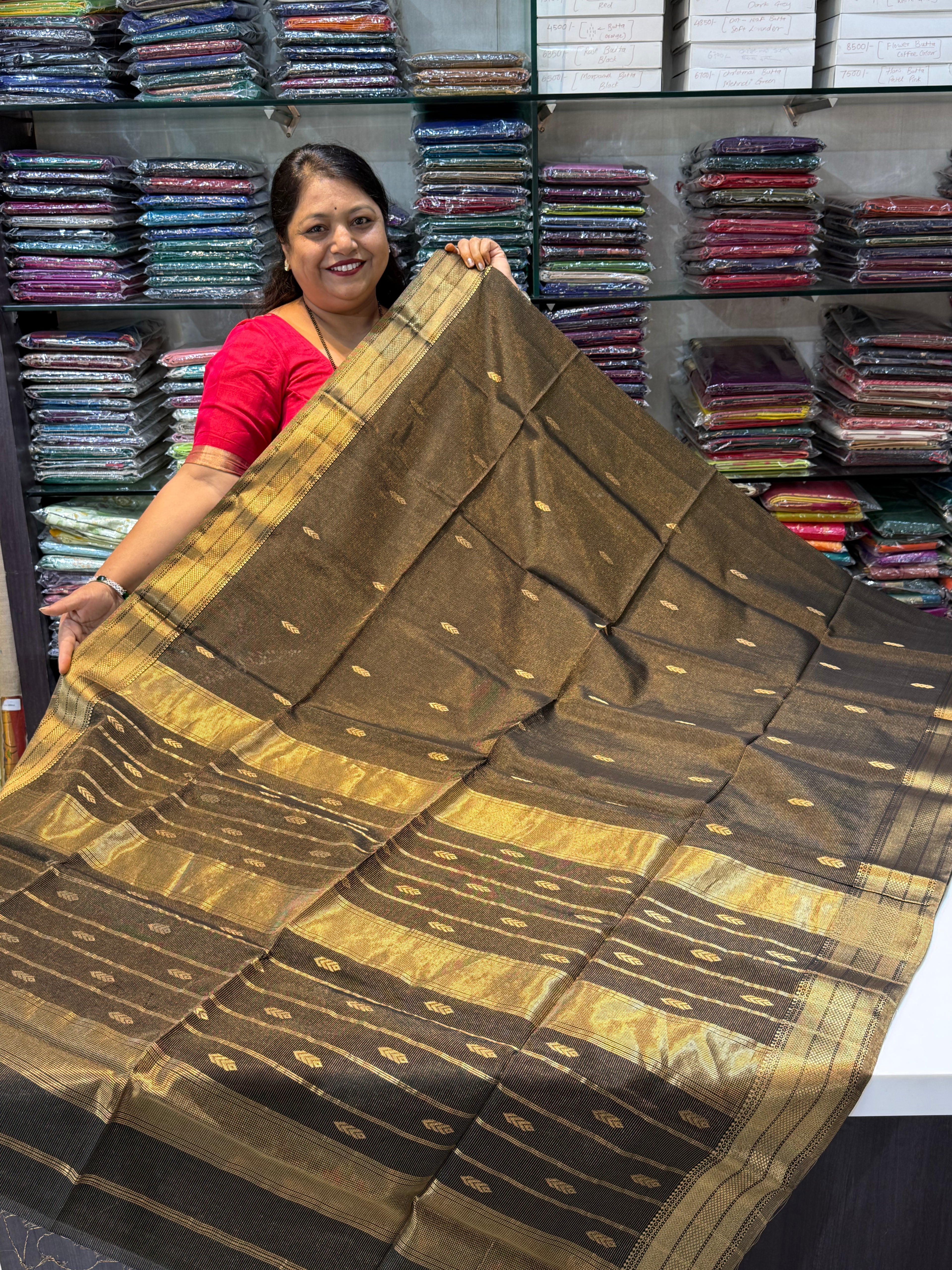 Tissue Maheshwari Saree with Zari & Silk Tilak Butta