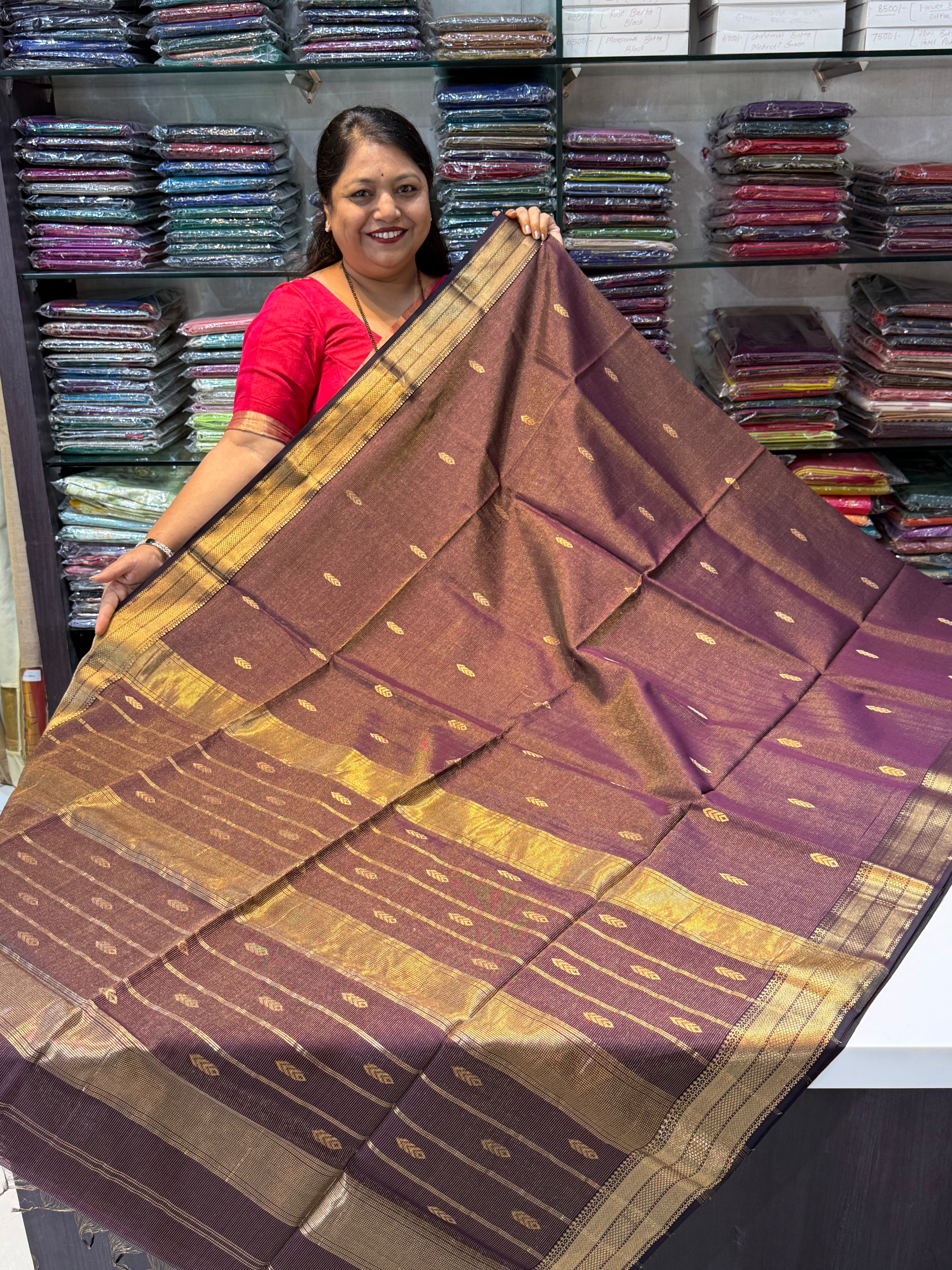 Tissue Maheshwari Saree with Zari & Silk Tilak Butta