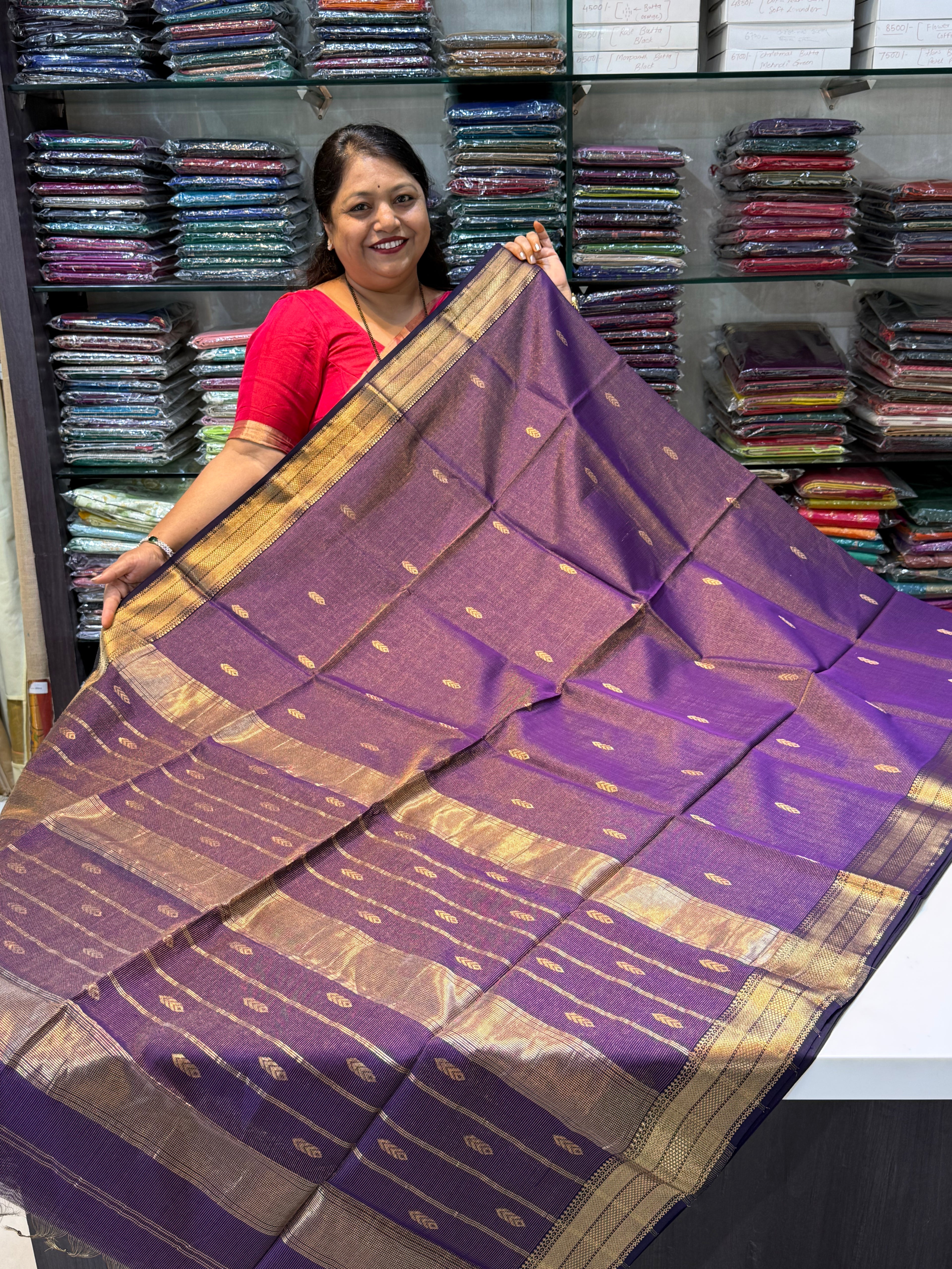 Tissue Maheshwari Saree with Zari & Silk Tilak Butta